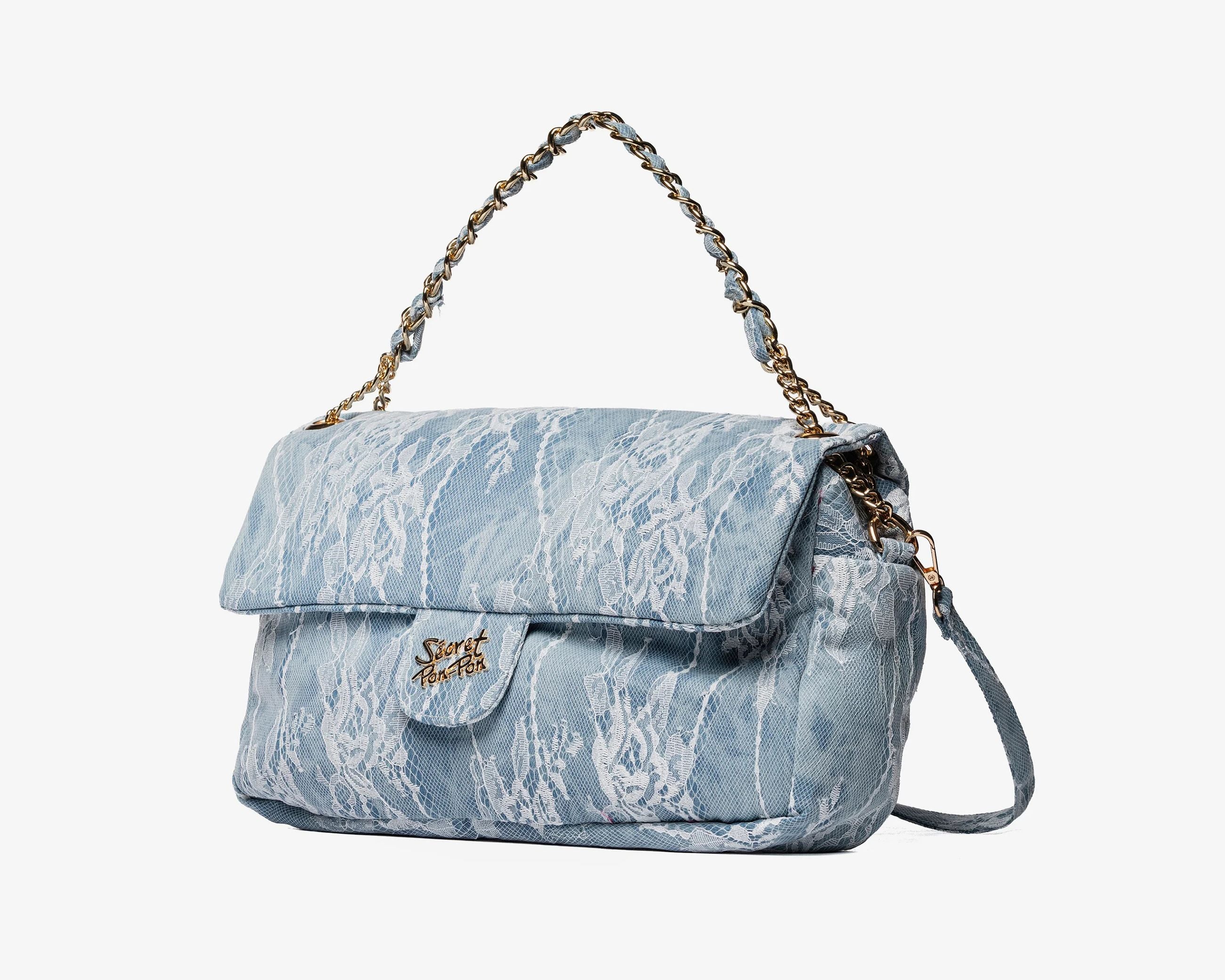 Borsa a mano Sécret Pon-Pon Charlotte L Lace Denim Donna – tracolla regolabile, chiusura patta e zip, H.18xL.26xP.11 cm