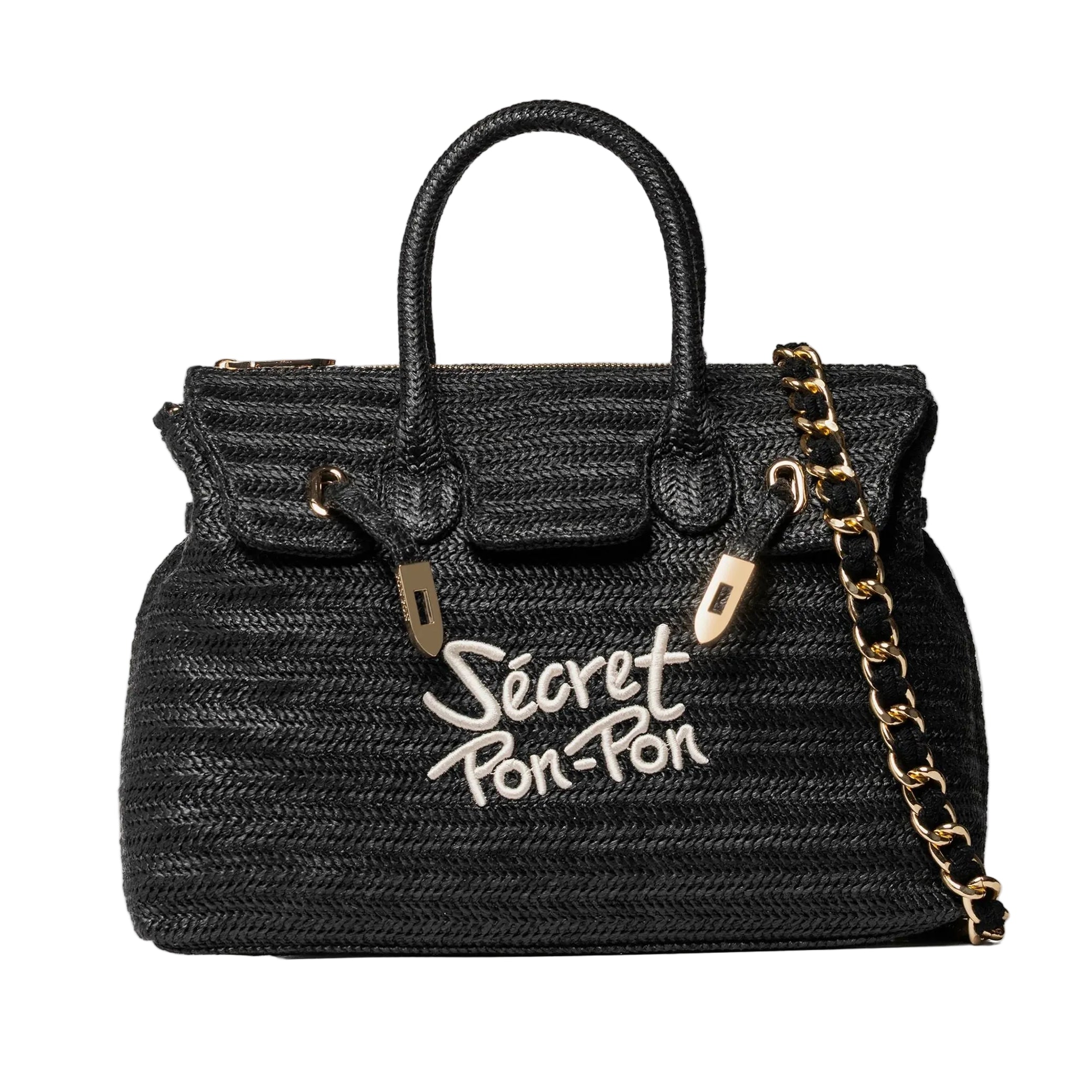 Borsa a spalla Sécret Pon-Pon Victoria M Straw Black Donna – tracolla rimovibile, chiusura zip, H.27xL.34xP.13 cm