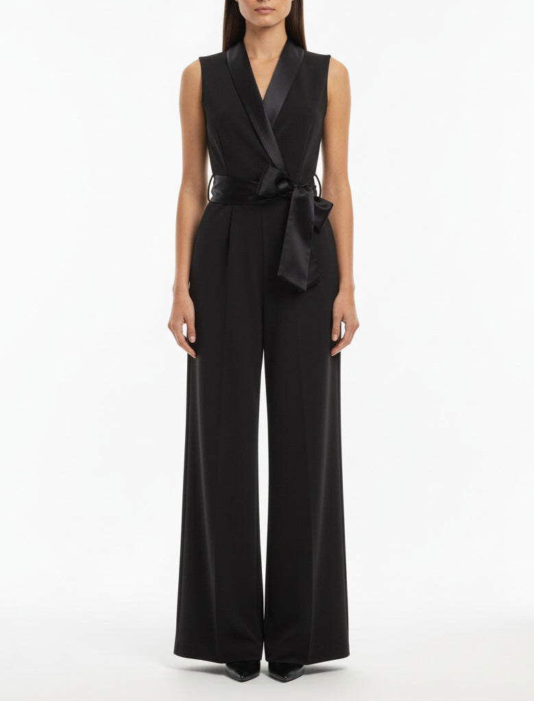 Tuta intera Vicolo TAB0260 donna nera con colletto e cintura in raso