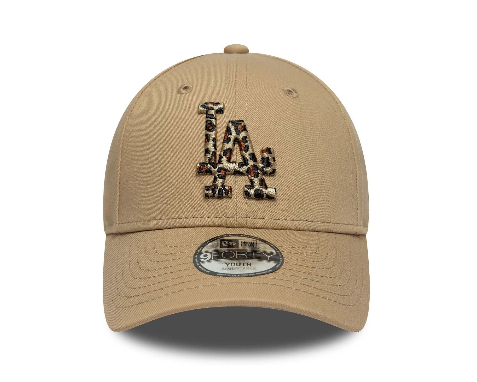 Cappellino New Era 9FORTY LA Dodgers MLB Animal Infill beige bambino – vista frontale con logo LA Dodgers ricamato