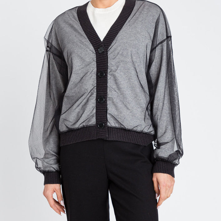 Cardigan con tulle Twinset 252LI3PAA Nero/Grigio Melange Donna