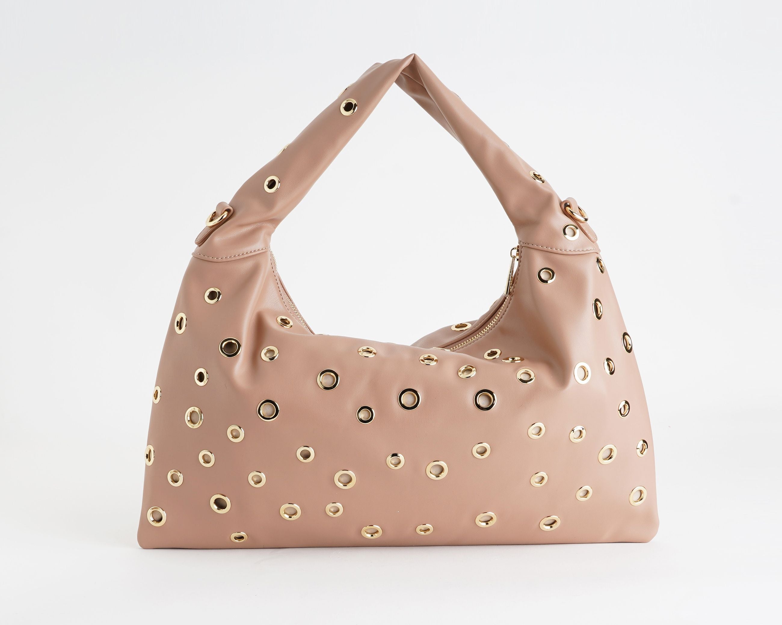 Borsa a spalla Marc Ellis Mariah Studs moka mousse da donna, ecopelle con borchie e tracolla rimovibile