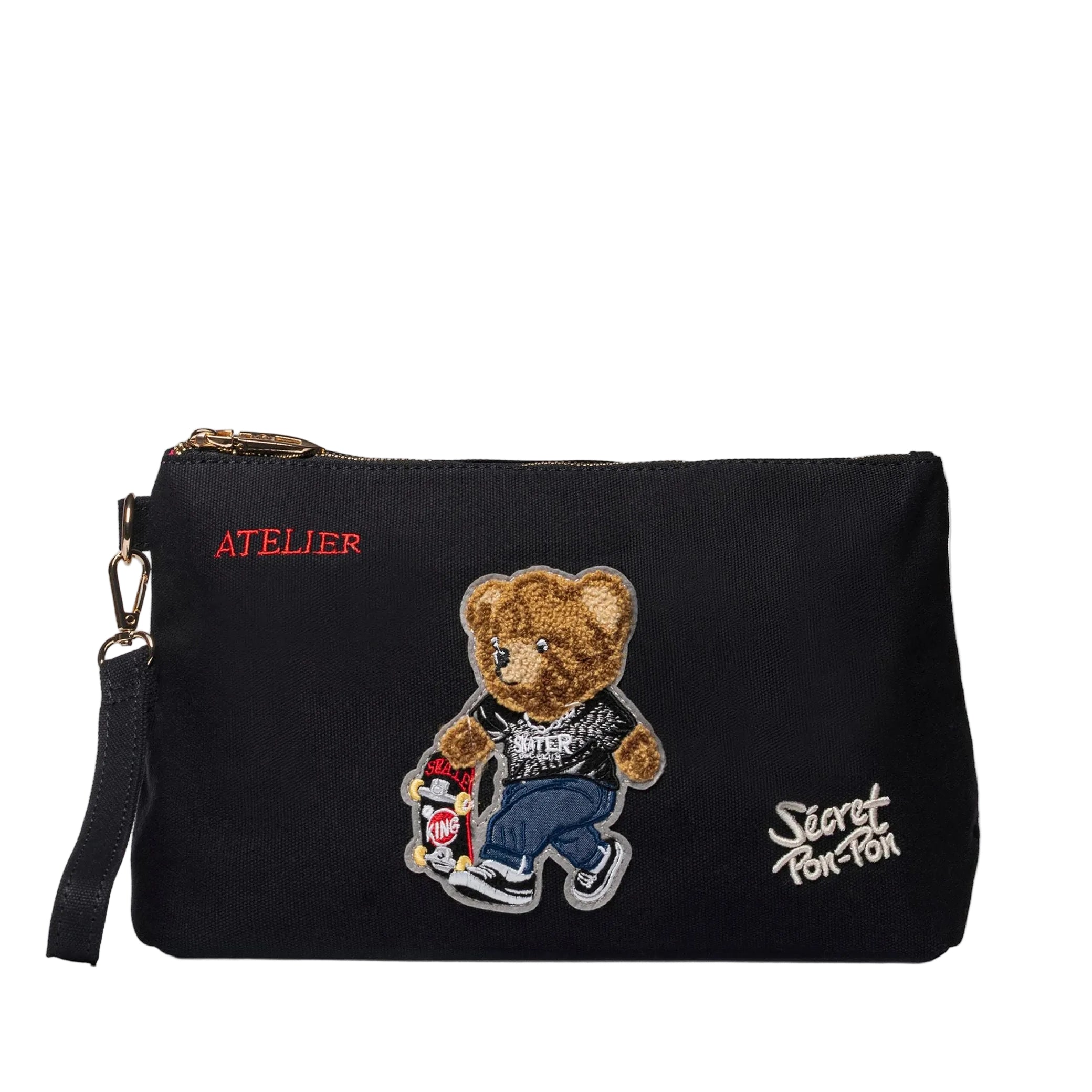 Pouch Sécret Pon-Pon Saint Tropez Pouch Black Teddy Donna – chiusura zip, gancio polso, H.19xL.30xP.12 cm