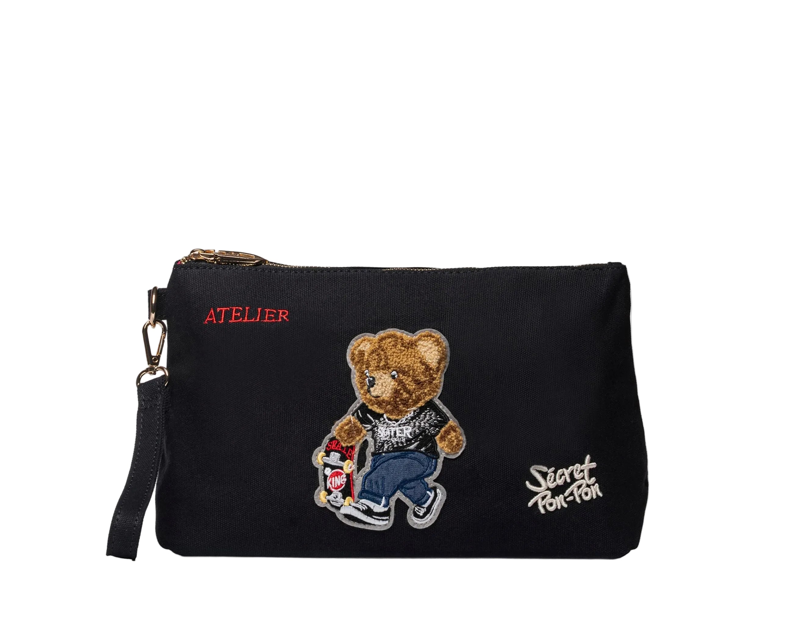 Pouch Sécret Pon-Pon Saint Tropez Pouch Black Teddy Donna – chiusura zip, gancio polso, H.19xL.30xP.12 cm
