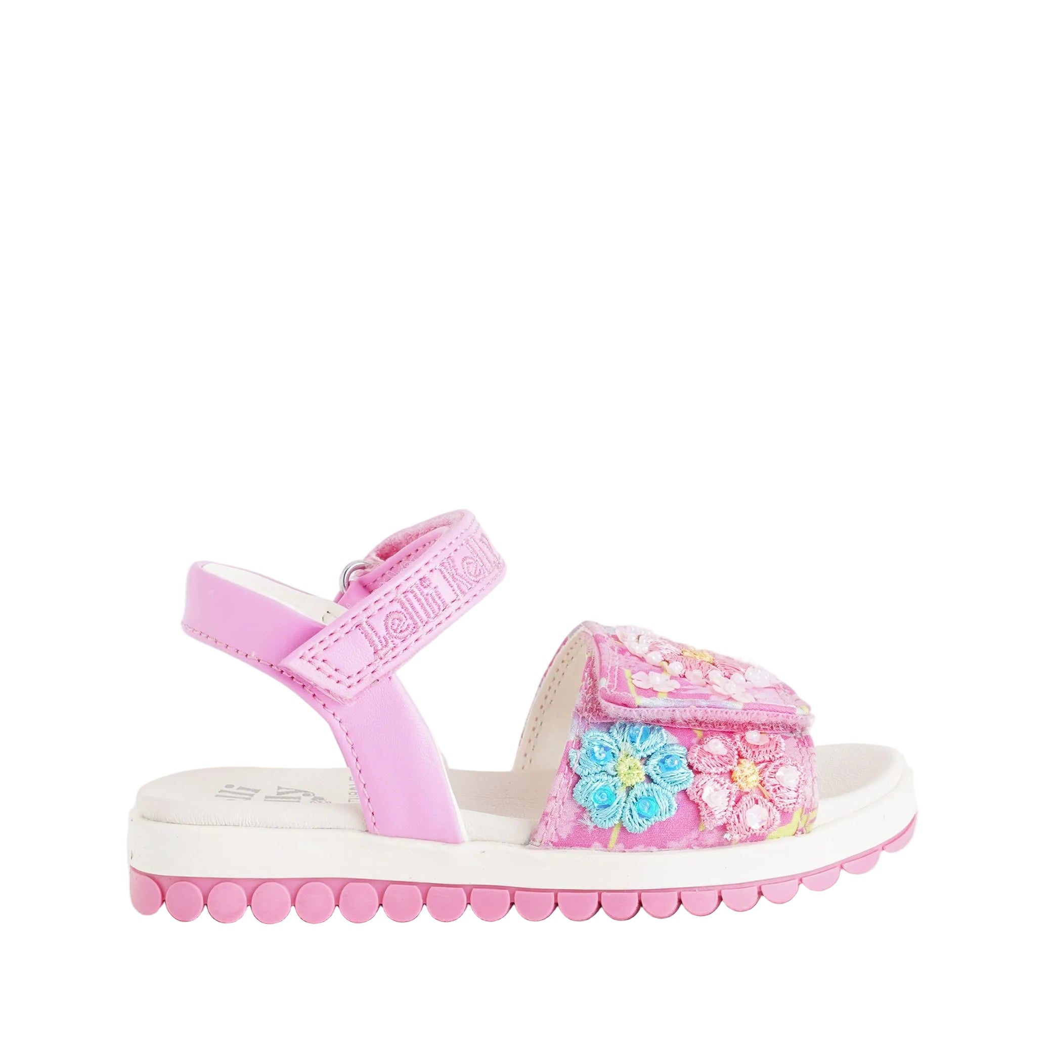 Sandalo Lelli Kelly Eloise bambina fuxia con decorazioni floreali perline e paillettes ricamate