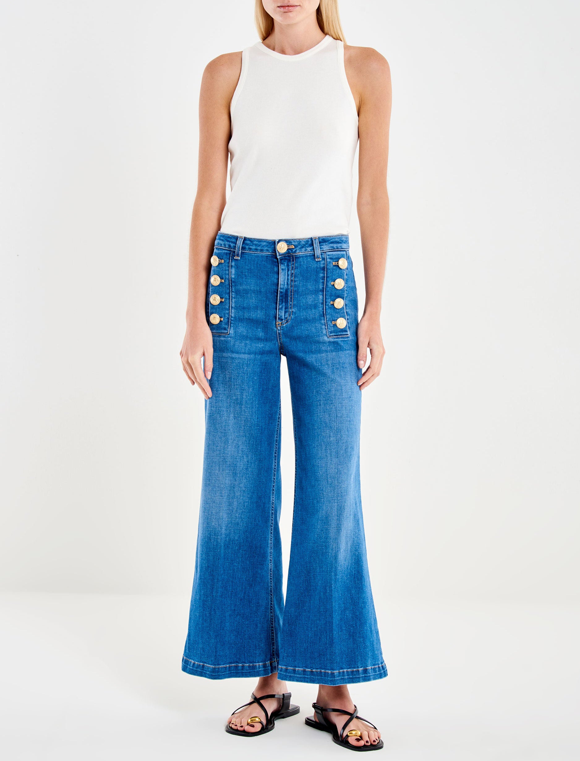 Jeans Vicolo Cristina DAB5046 wide leg vita media denim chiaro bottoni araldici oro donna vista frontale
