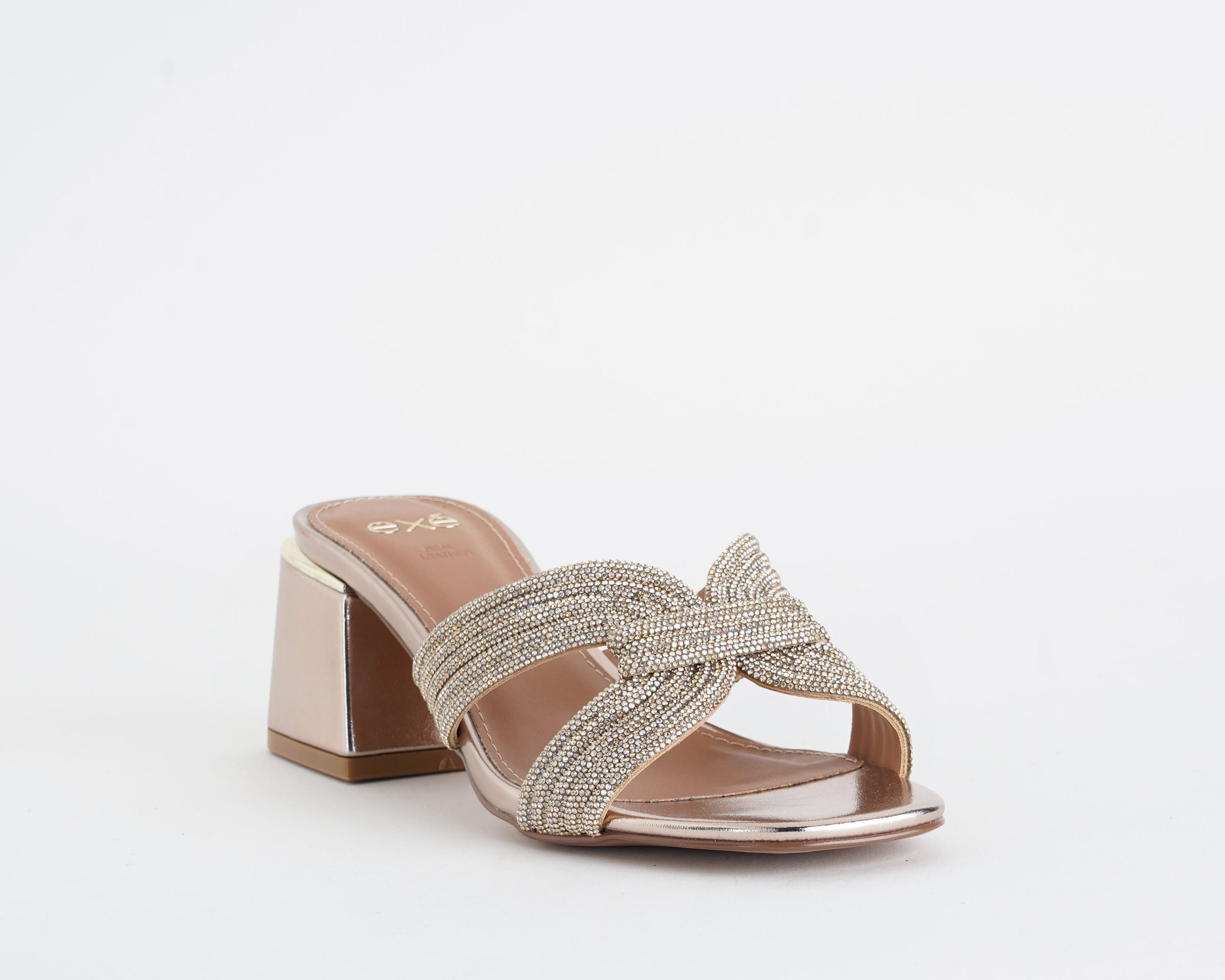 Sandalo donna EXE Carmen-286A Light Gold con fascia strass e tacco 55 mm