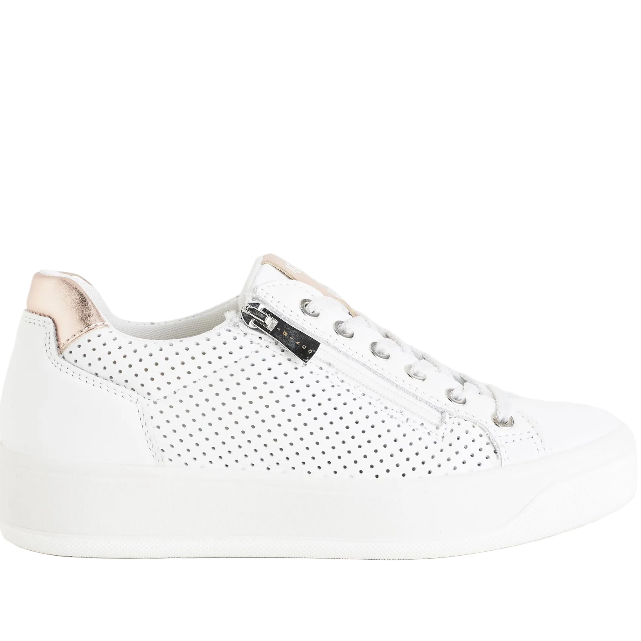 Sneakers con zeppa IGI&CO 1144511 bianco da donna, tomaia in nappa con lacci e zip, zeppa 35 mm