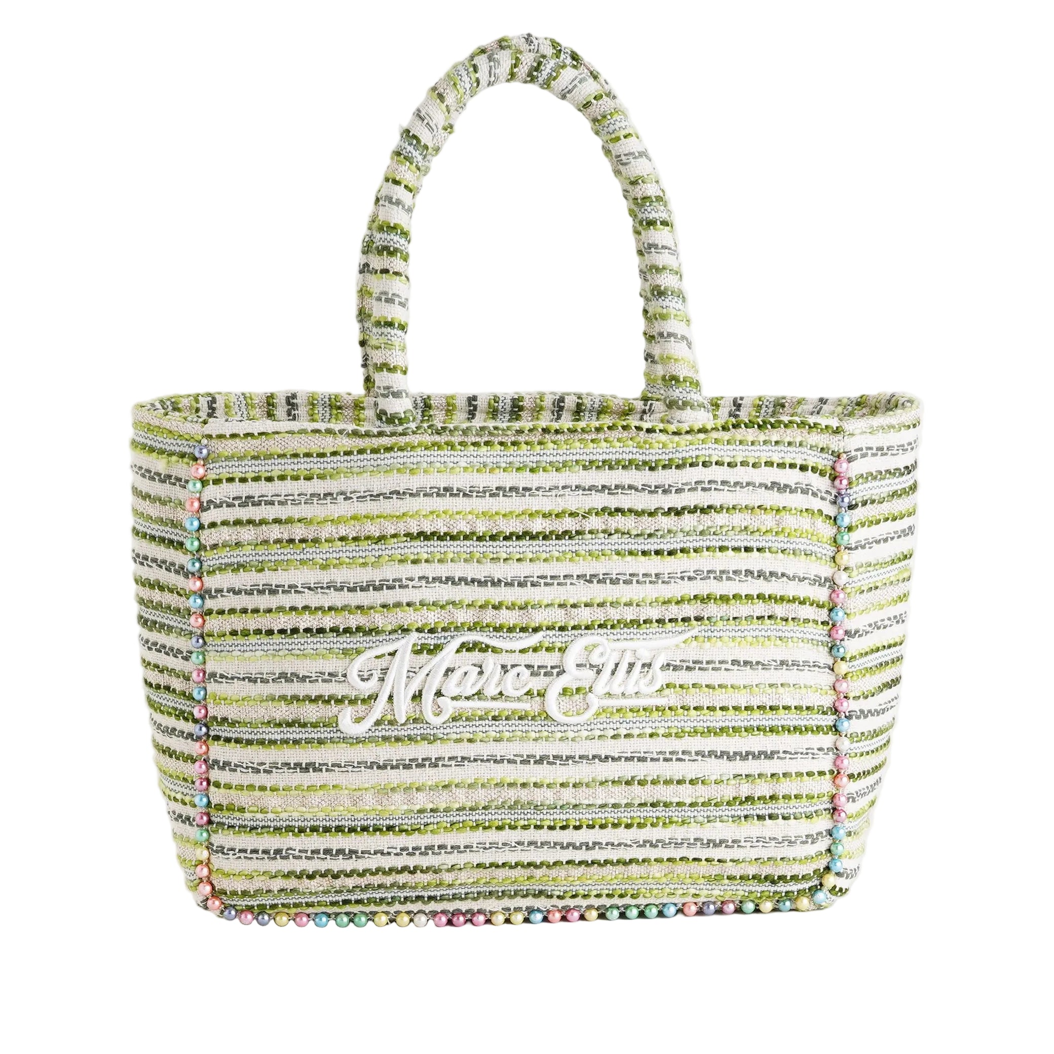 Borsa a spalla Marc Ellis Buby M Indy 26 Variant 09 – vista frontale, trama in cotone intrecciato con perline multicolore e scritta logata ricamata