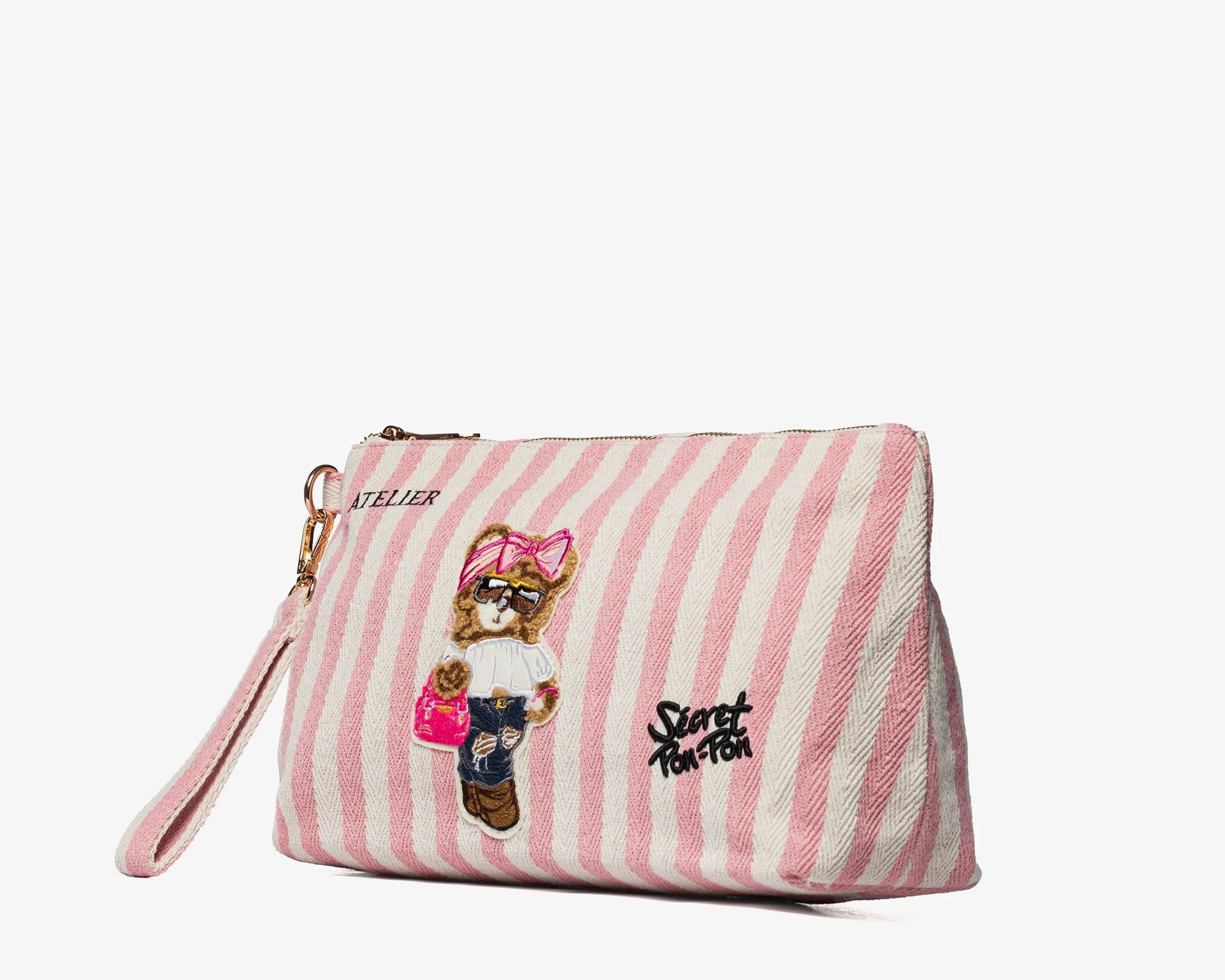 Pouch Sécret Pon-Pon Saint Tropez Pouch Beige/Rose Donna – chiusura zip, gancio polso, H.19xL.30xP.12 cm