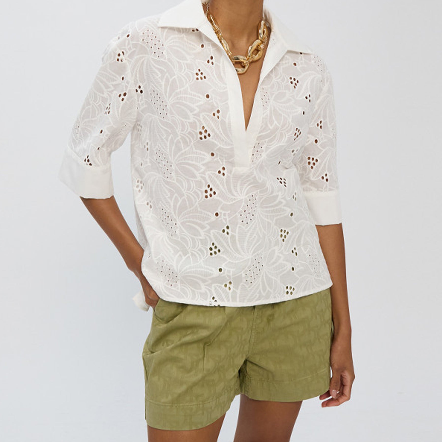 Camicia cotone collo pollo manica corta Lola Casademunt LS2615055 Bianco