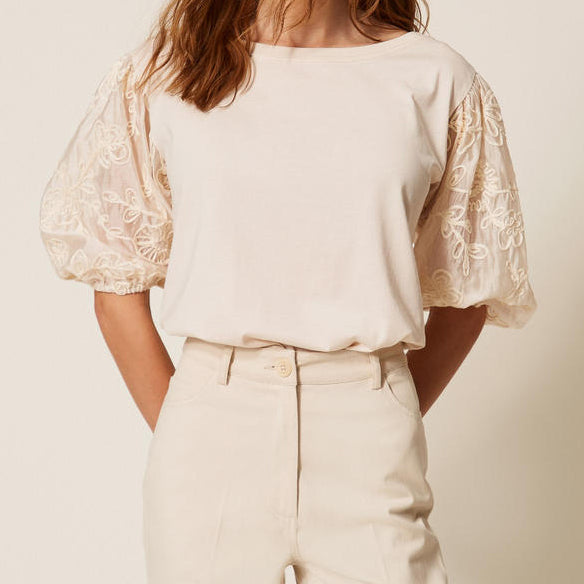 Blusa con maniche ricamate Twinset 261LB2PBB Pergamena Donna