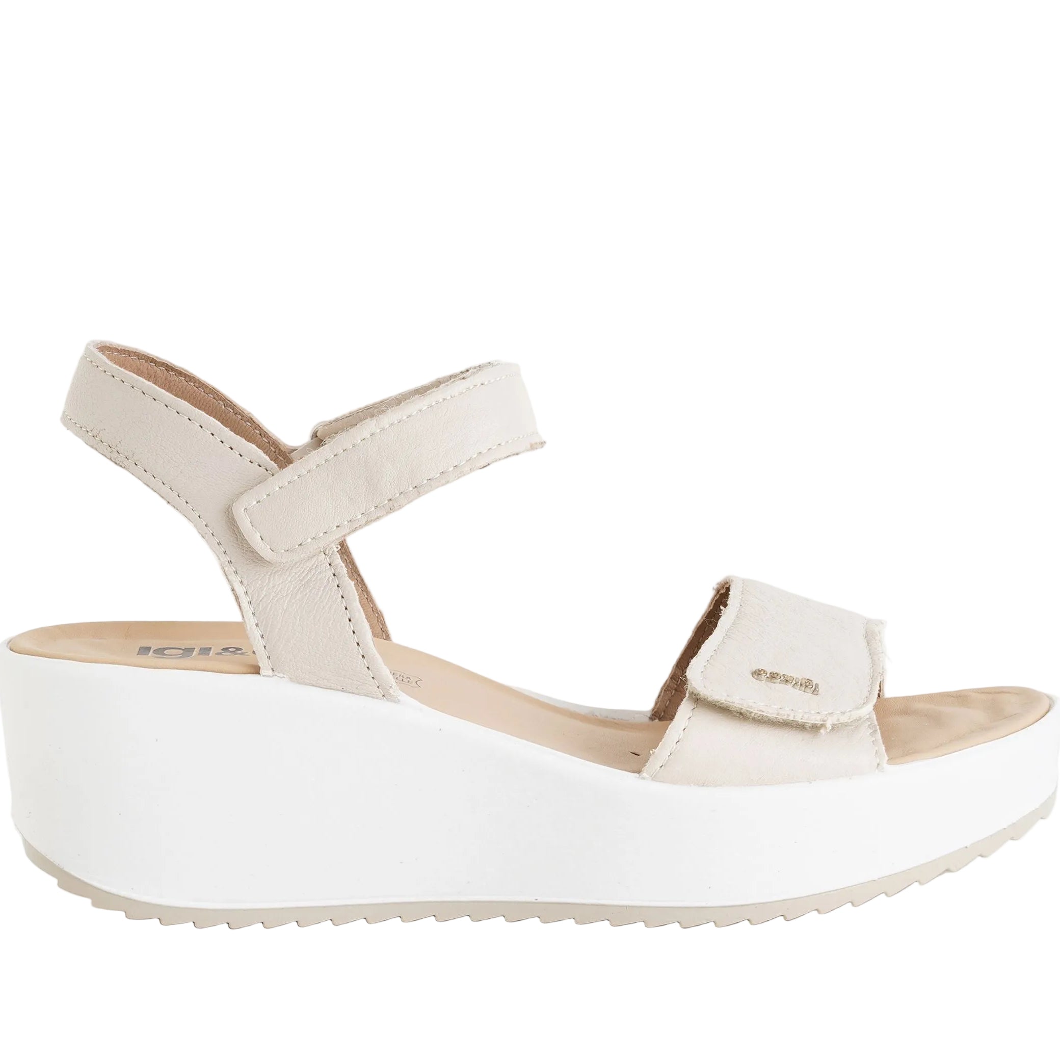 Sandali con zeppa IGI&CO 1161622 panna da donna, tomaia in pelle con strappi, zeppa 55 mm