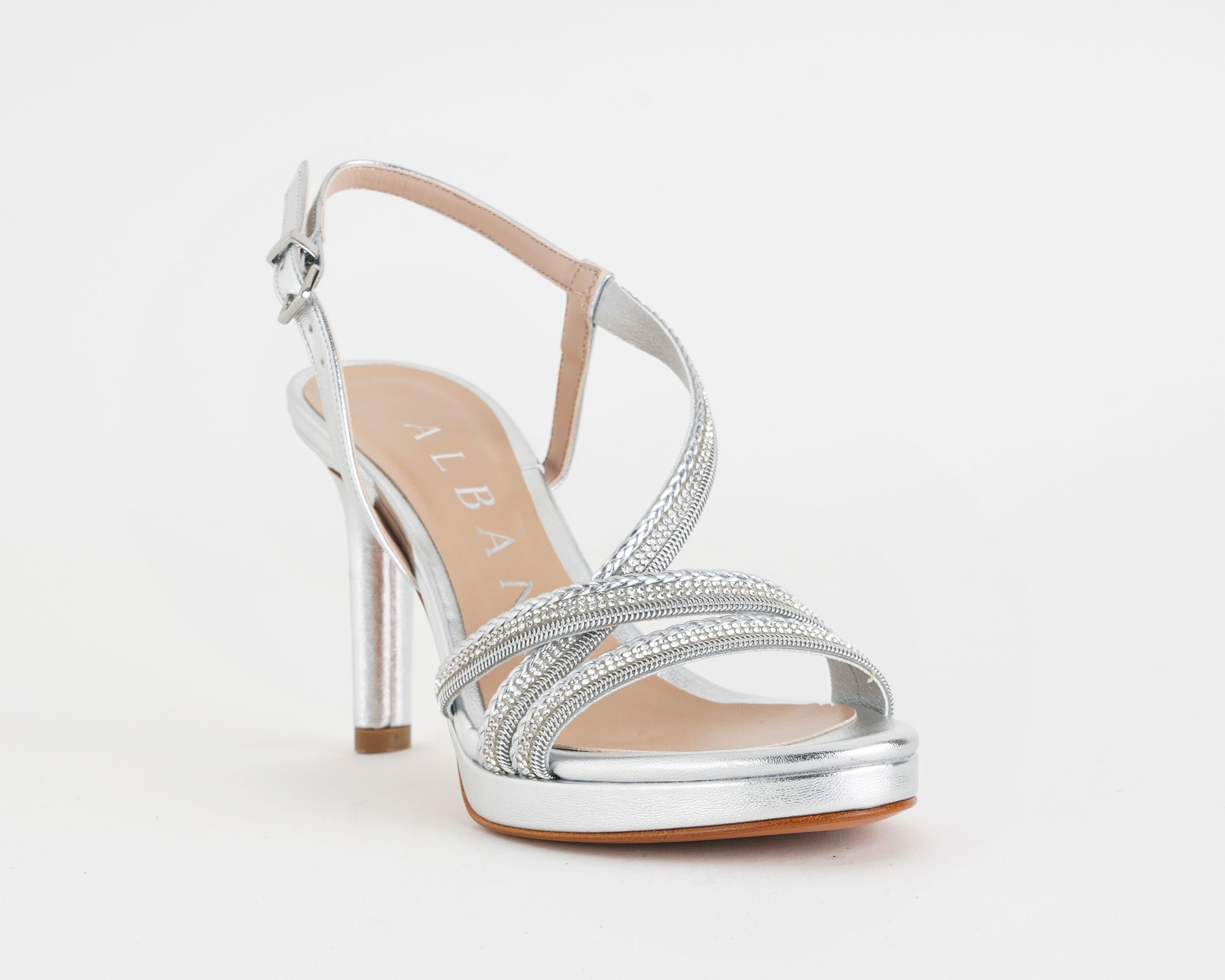 Sandalo tacco 85 mm con strass argento, dettaglio semi-laterale