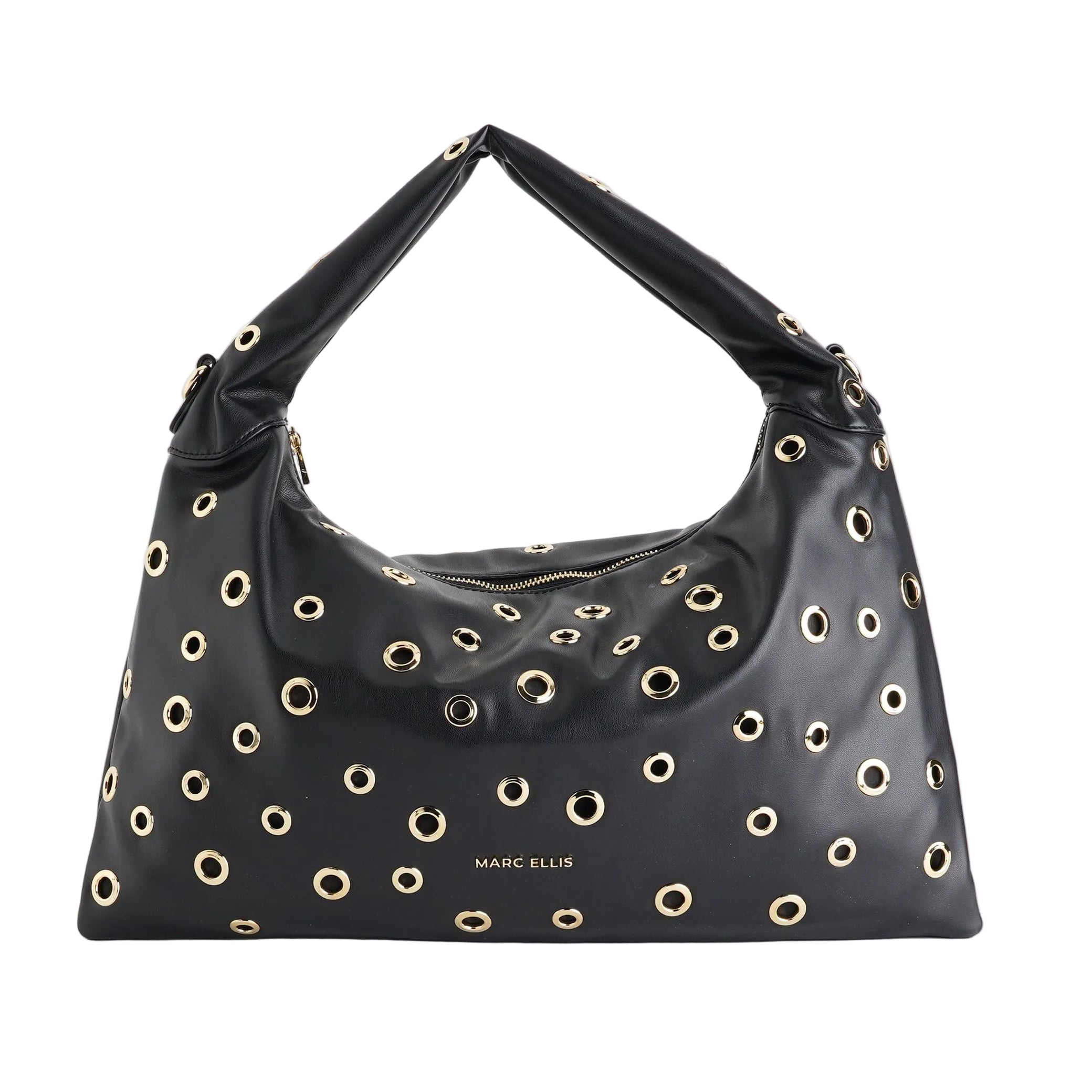 Borsa a spalla Marc Ellis Mariah Studs nera con borchie oro da donna, ecopelle, tracolla rimovibile, 28x44 cm