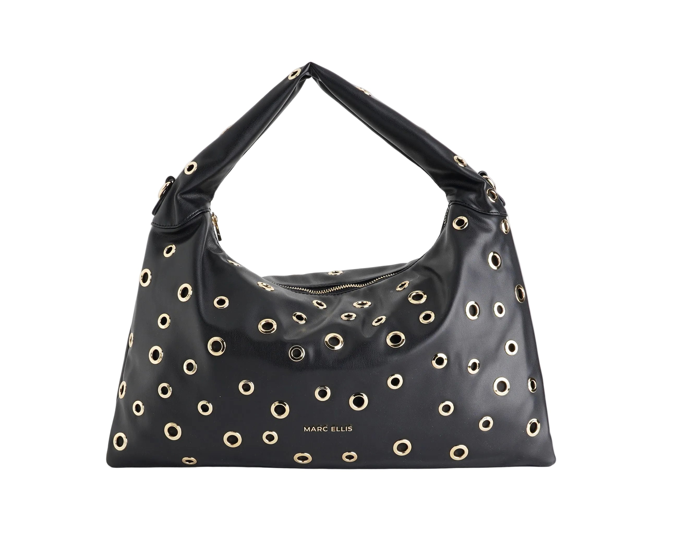 Borsa a spalla Marc Ellis Mariah Studs nera con borchie oro da donna, ecopelle, tracolla rimovibile, 28x44 cm