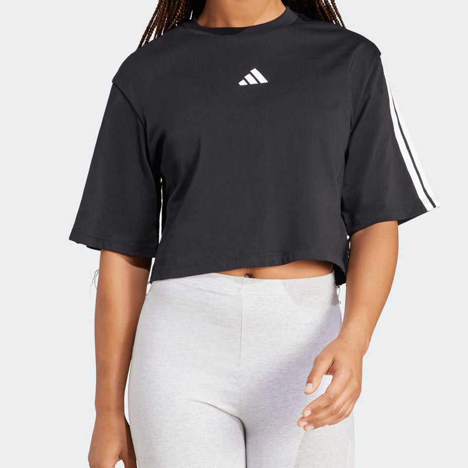 T-shirt crop Adidas Essentials 3-Stripes JD4998 nera donna vista frontale