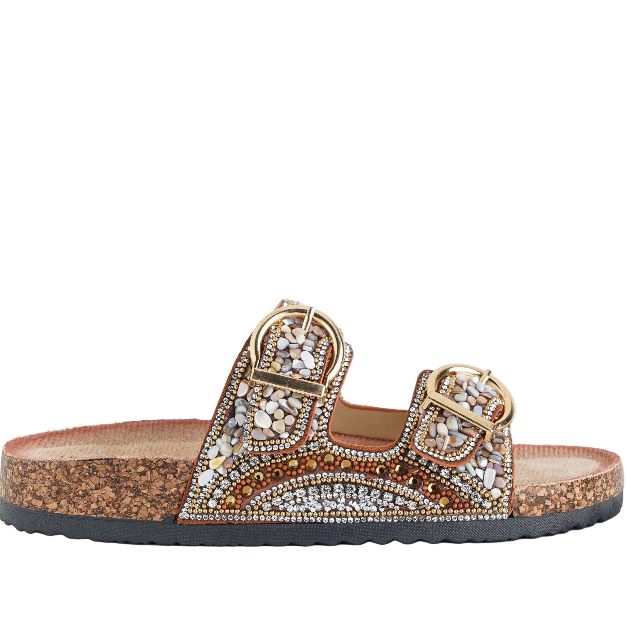 Sandalo basso donna EXE BB3918-18 Camel Bronze con fibbie decorate da corallini e strass