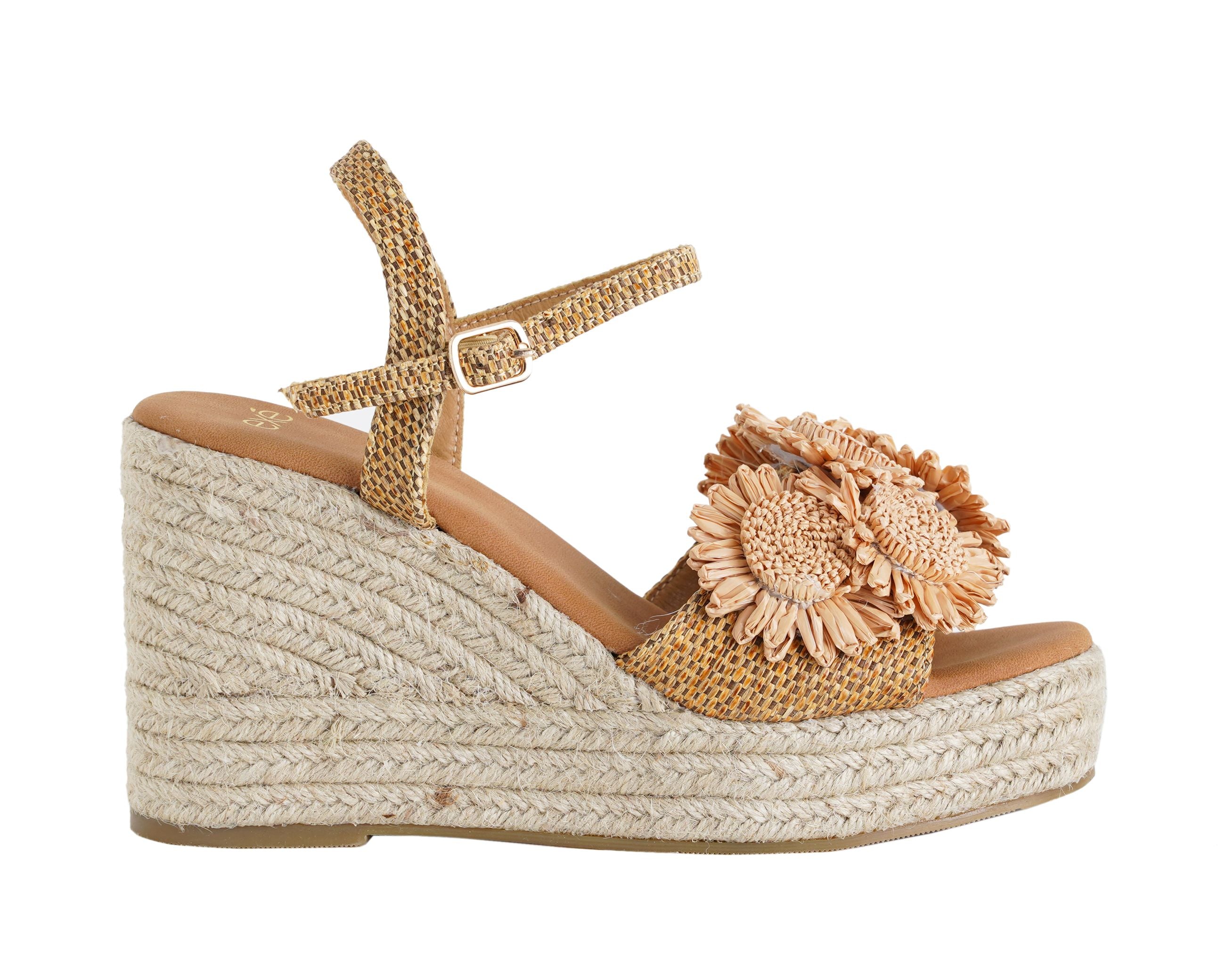 Sandalo donna EXE OM26-2 Taupe in raffia con zeppa in corda 95 mm