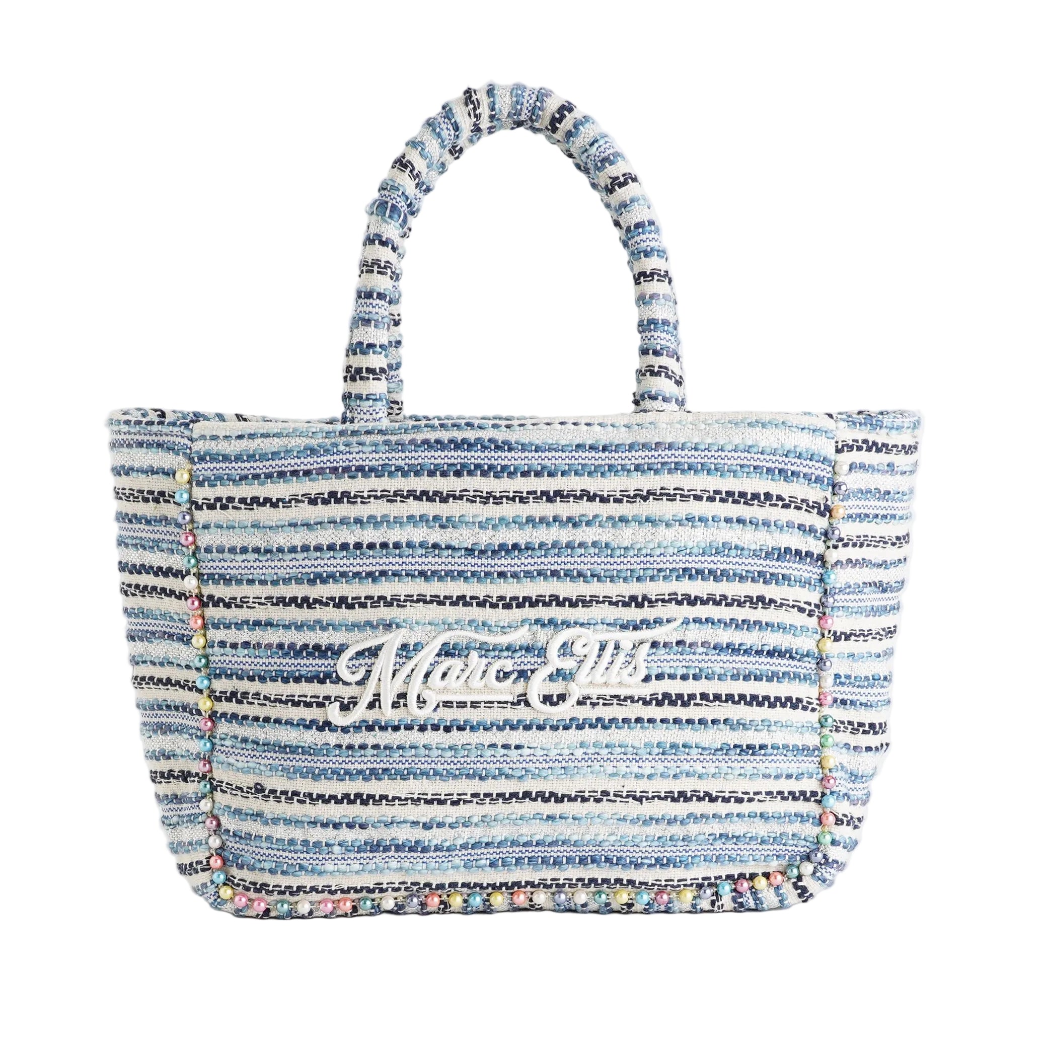 Borsa a spalla Marc Ellis Buby M Indy 26 Variant 04 – vista frontale, trama in cotone intrecciato con perline multicolore e scritta logata ricamata