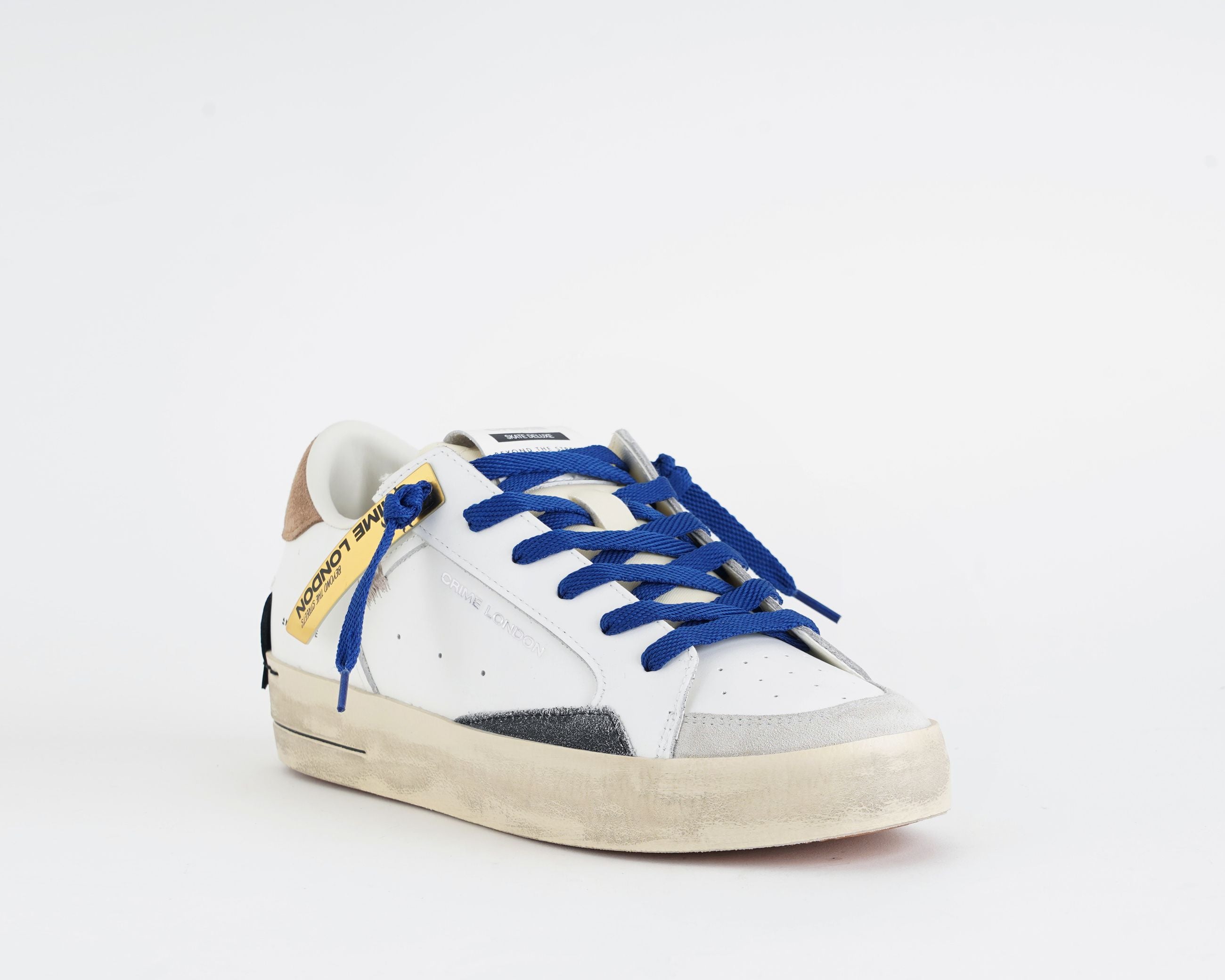 Crime London SK8 Deluxe Brown Sugar sneakers uomo bianco marrone nero, tomaia in pelle e suede, effetto vintage, Made in Italy