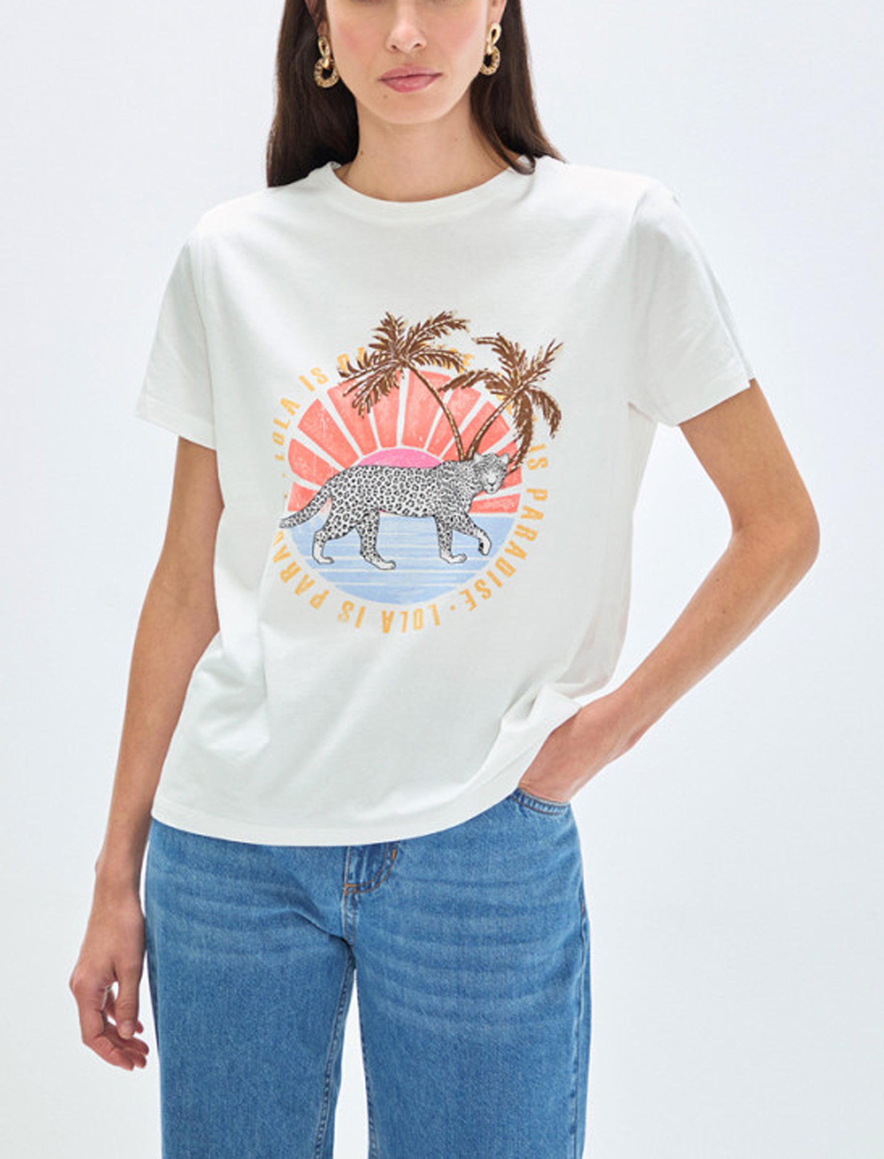 T-Shirt stampa animale con palma Lola Casademunt LS2615019 Bianco