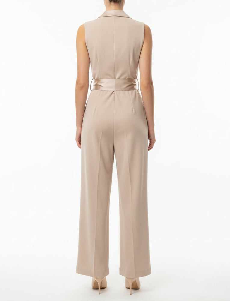 Tuta intera Vicolo TAB0260 donna beige con colletto e cintura in raso