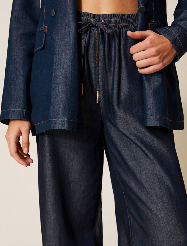Dettaglio vita elastica coulisse terminali metallo pantaloni Twinset 261LL2QGG denim scuro