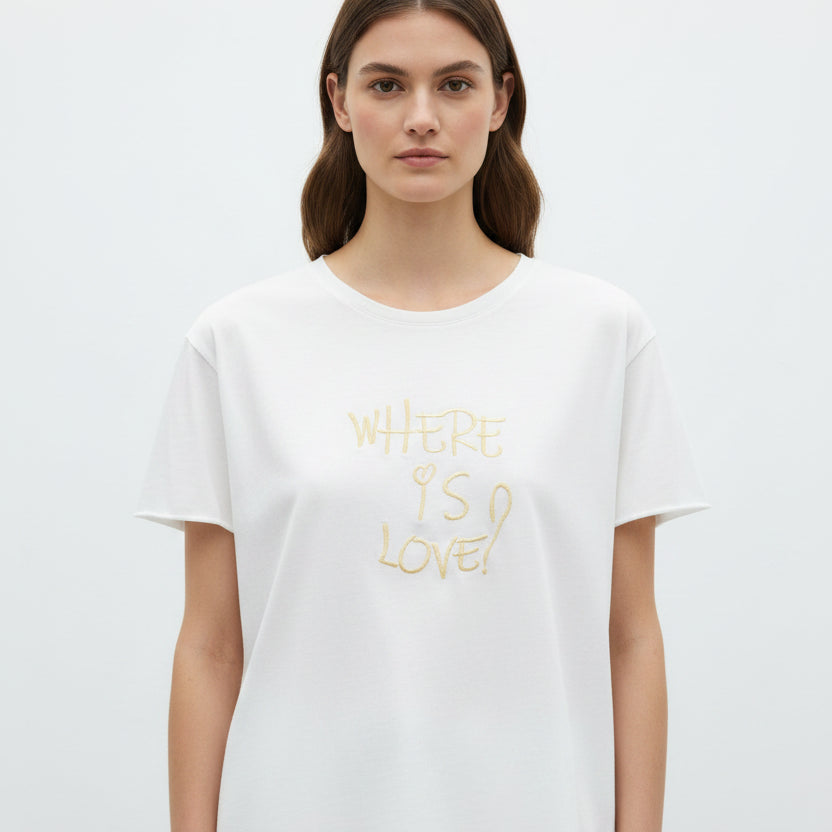 RAB0277 VICOLO T-shirt donna ricamo WHERE IS LOVE colore Bianco