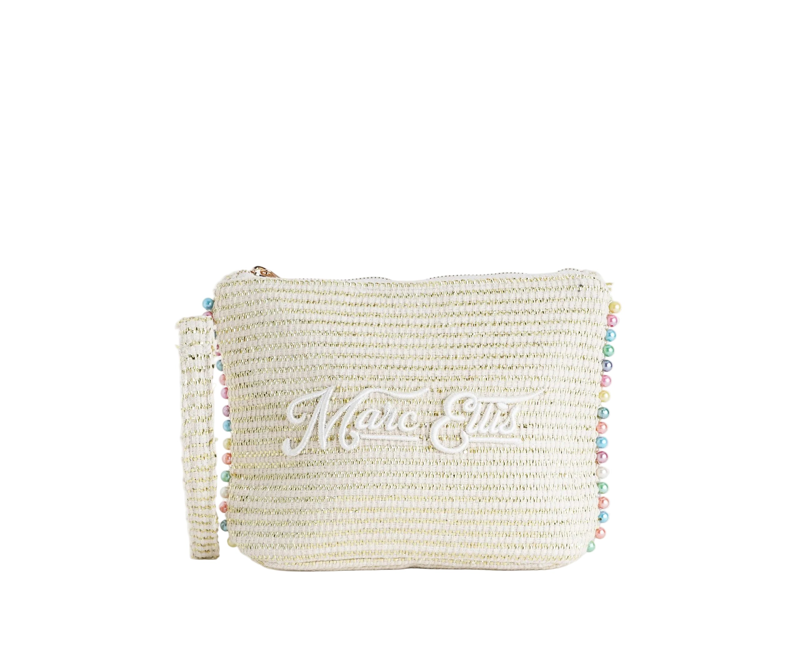 Pochette Marc Ellis Cassy Indy 26 Donna Variant 02 – vista frontale, trama intrecciata in tela misto cotone con dettagli in lurex, perline multicolore e scritta logata ricamata