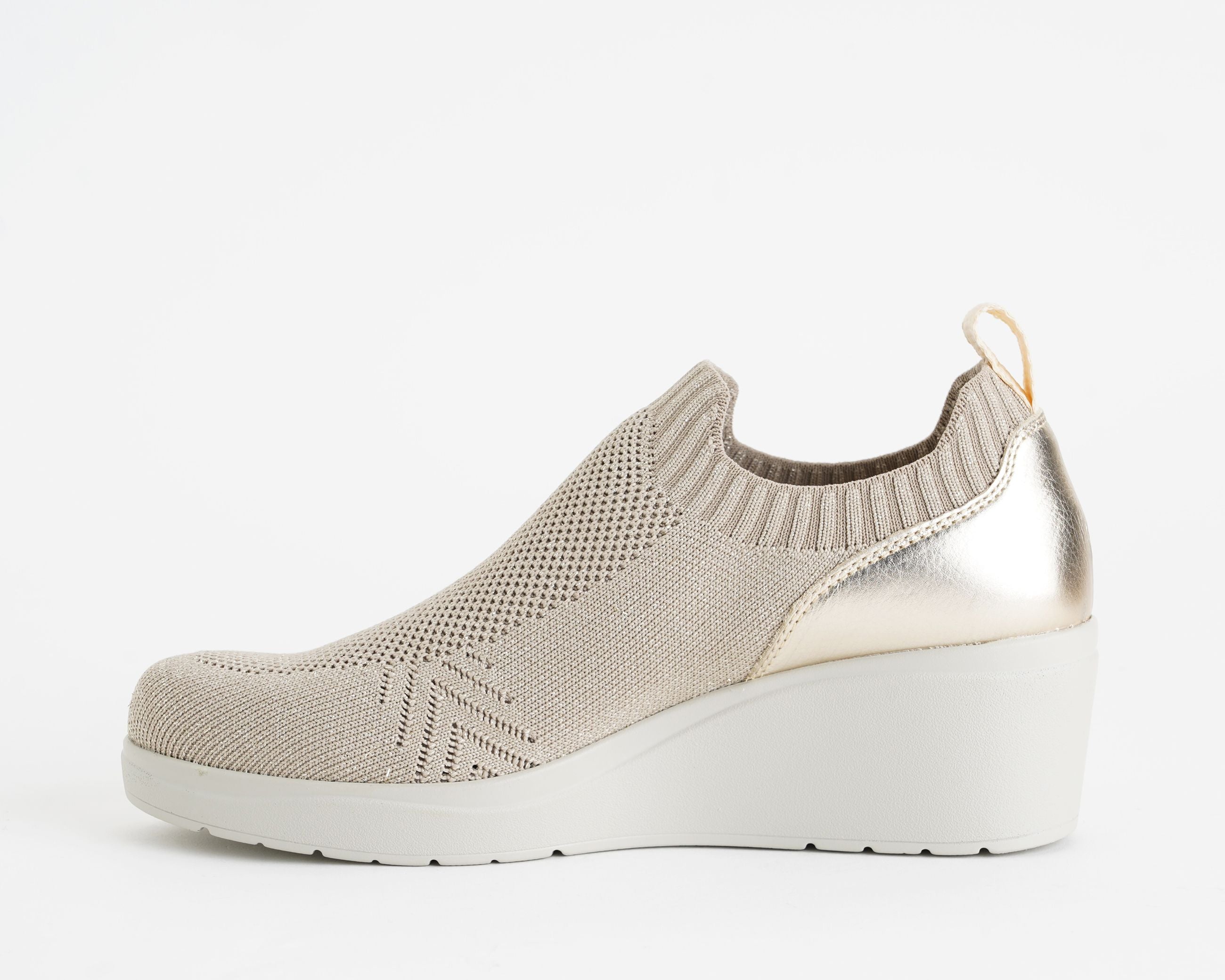 Sneakers slip-on Melluso K53013Q canvas beige gold profilo zeppa gomma 60mm donna vista laterale