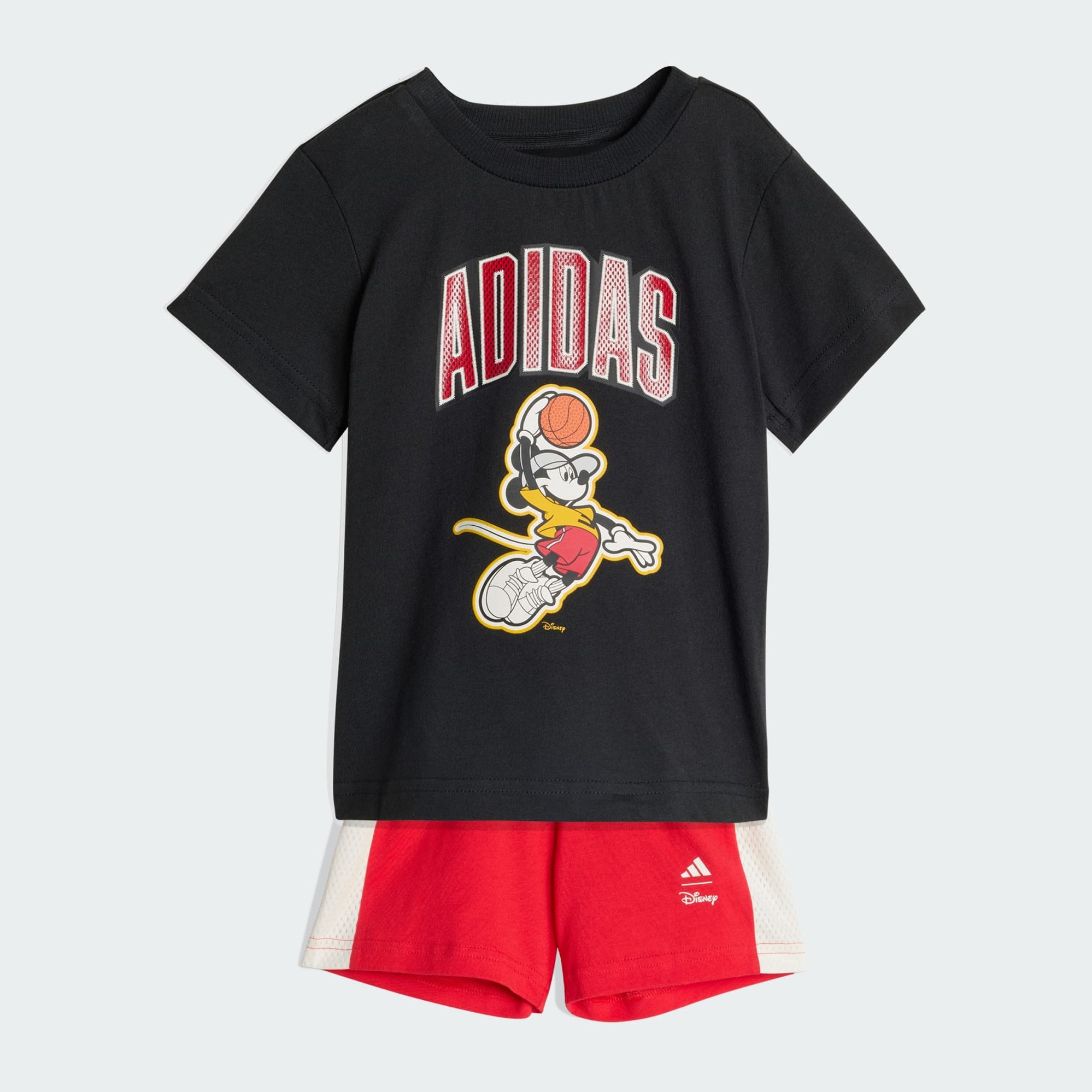 Set t-shirt e short Adidas Disney Mickey Mouse JZ7677 bambino unisex nero e bianco, 100% cotone, taglie dalla neonato a 4 anni