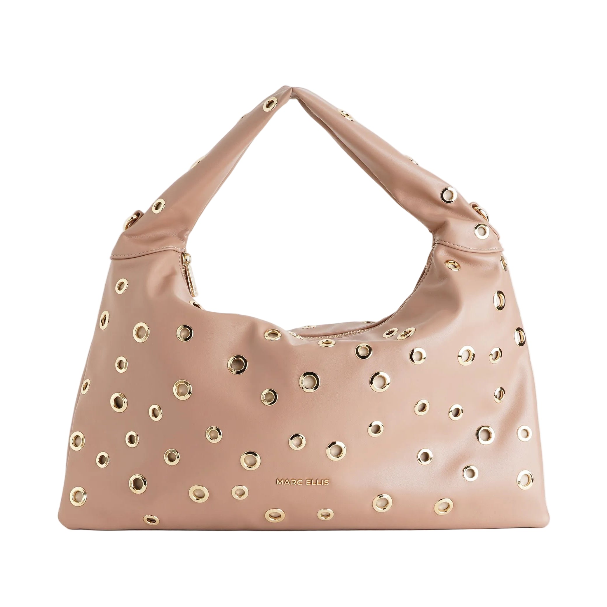 Borsa a spalla Marc Ellis Mariah Studs moka mousse da donna, ecopelle con borchie e tracolla rimovibile