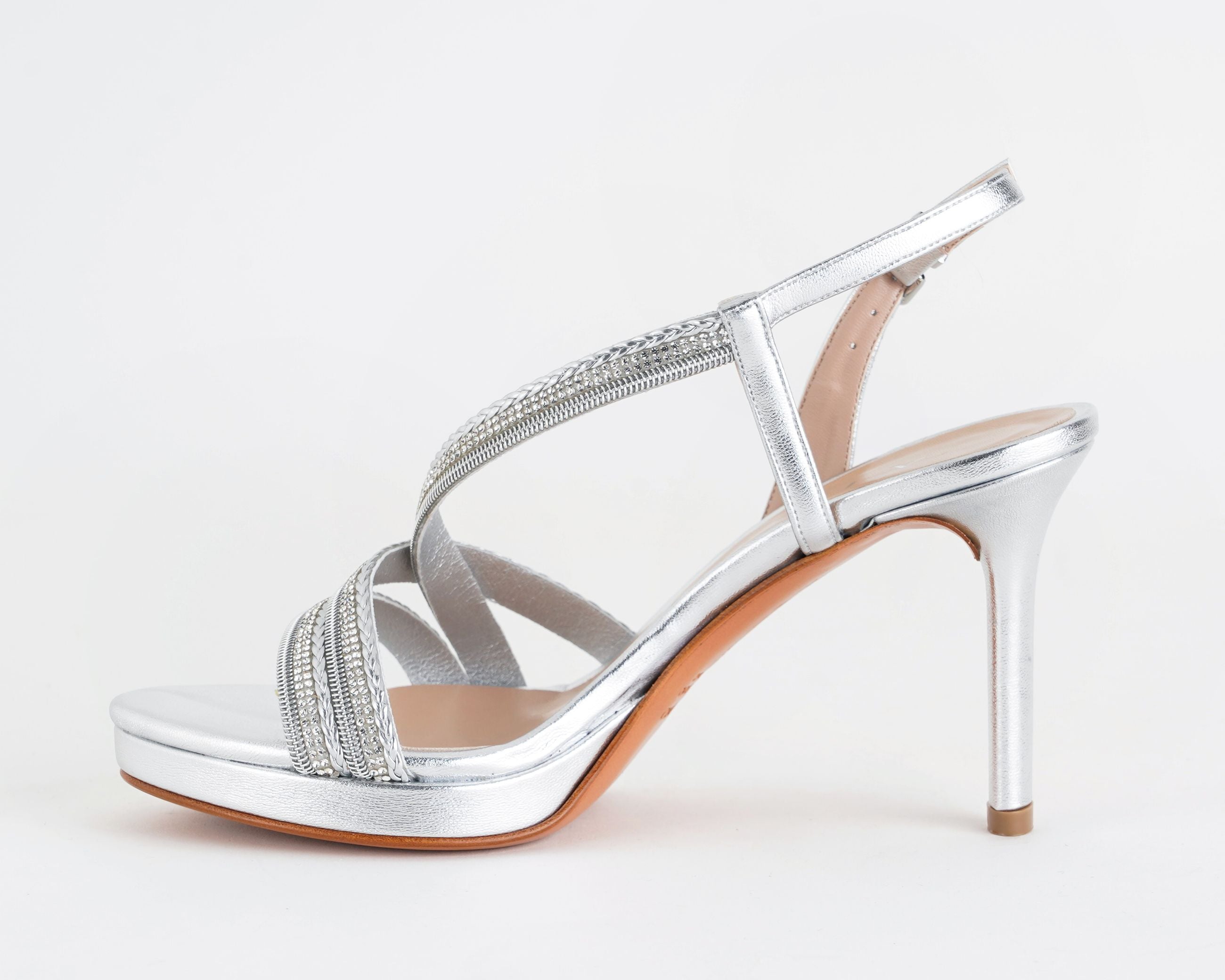 Sandalo tacco 85 mm con strass argento, vista laterale