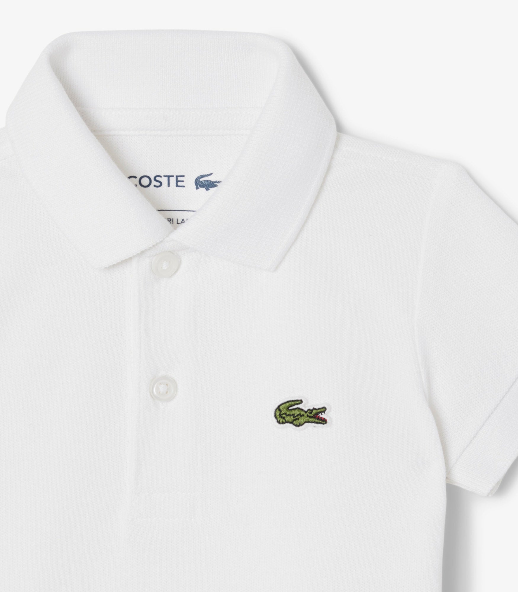 Body Lacoste 5W1100 bianco neonato - piqué cotone biologico, colletto polo, coccodrillo ricamato, taglie 3M-9M