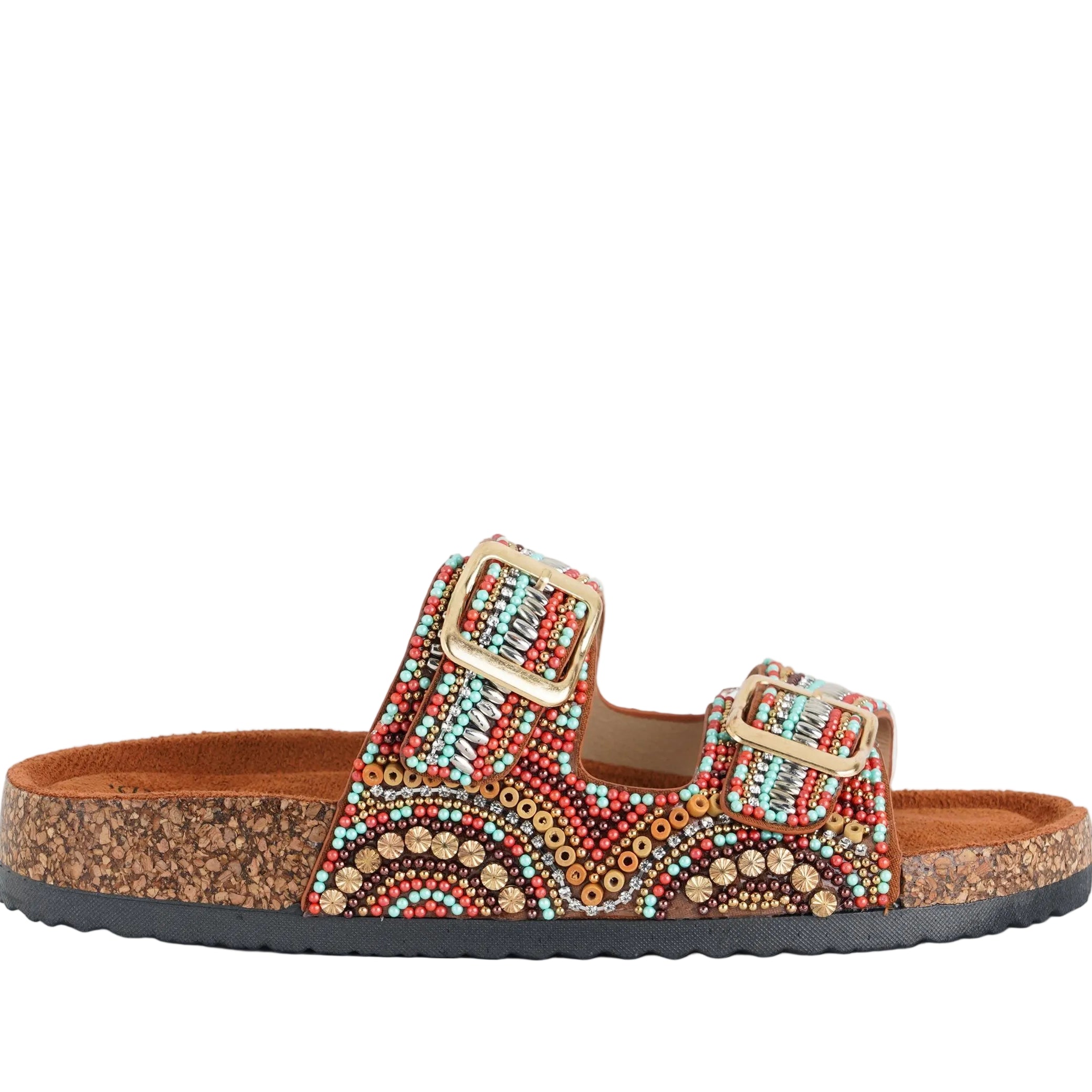 Sandalo basso donna EXE 230750-2 Tan Turchese con fibbie decorate da perline e strass
