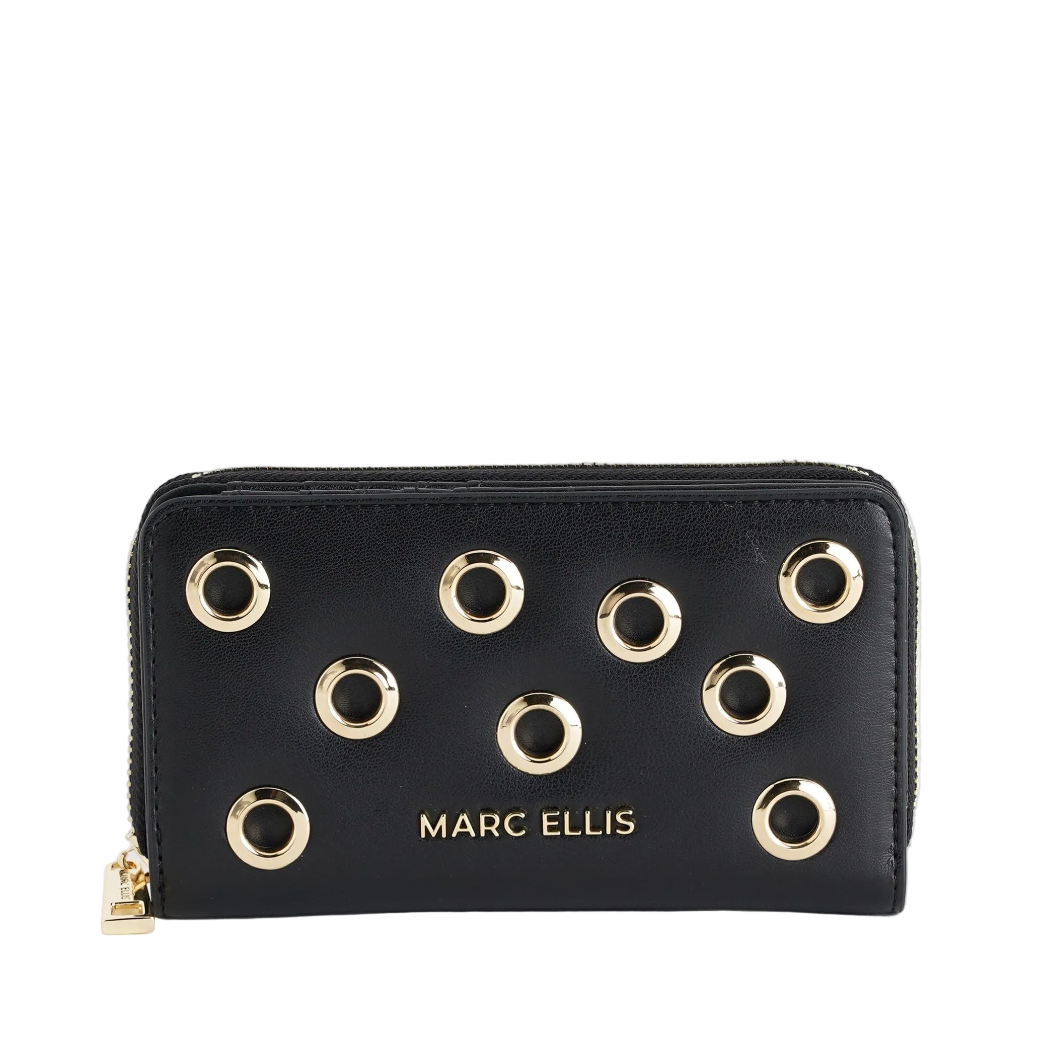 Portafoglio Marc Ellis Ivy Studs nero da donna in similpelle con borchie, chiusura zip, 8 slot portacarte, 9x16x3 cm