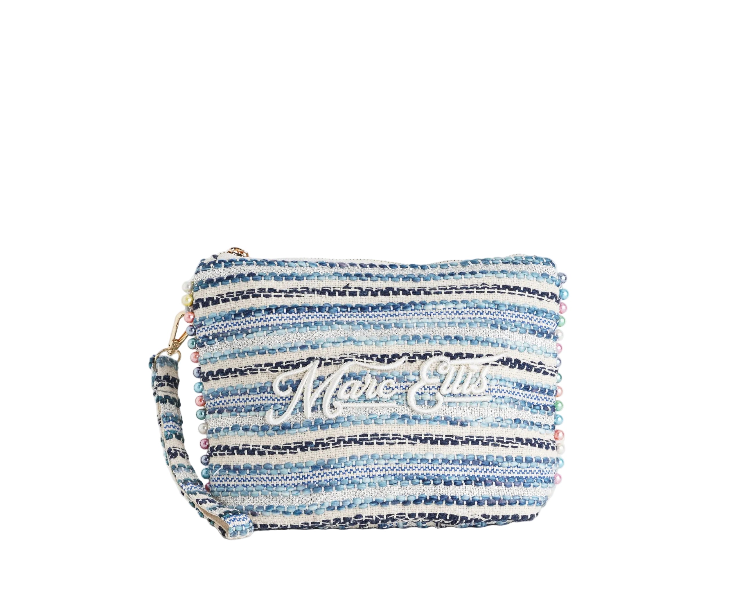 Pochette Marc Ellis Cassy Indy 26 Donna Variant 04 – vista frontale, trama intrecciata in tela misto cotone con dettagli in lurex, perline multicolore e scritta logata ricamata