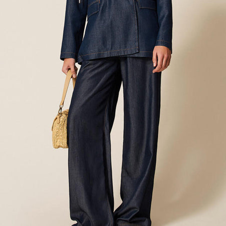 Pantaloni a palazzo Twinset 261LL2QGG chambray denim scuro vita elastica donna vista frontale