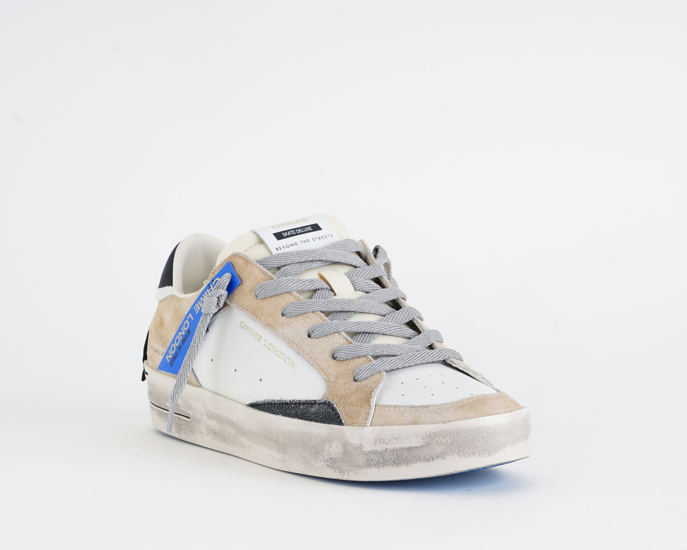Crime London SK8 Deluxe sneakers uomo bianco beige nero, tomaia in pelle e suede, effetto vintage, Made in Italy