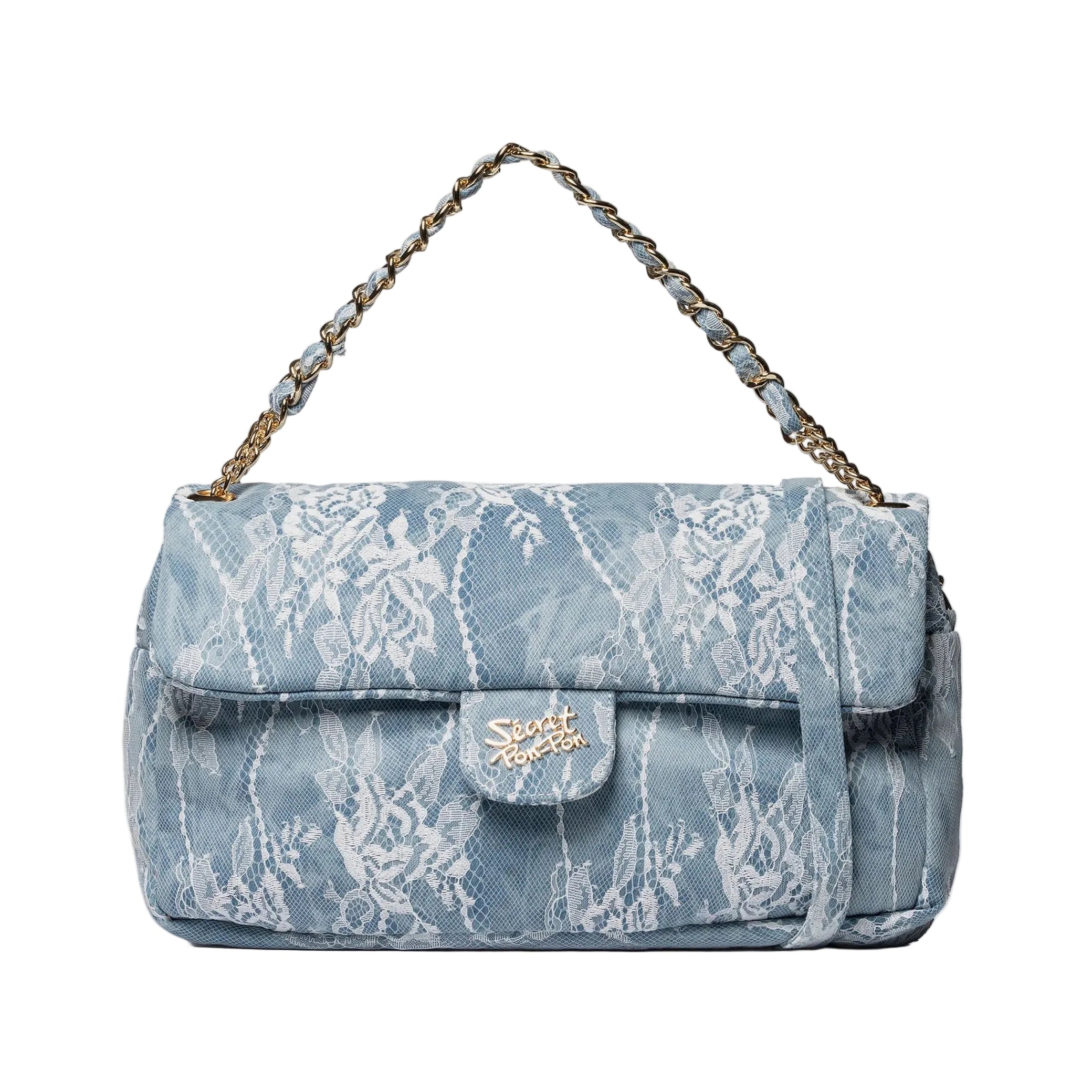 Borsa a mano Sécret Pon-Pon Charlotte L Lace Denim Donna – tracolla regolabile, chiusura patta e zip, H.18xL.26xP.11 cm