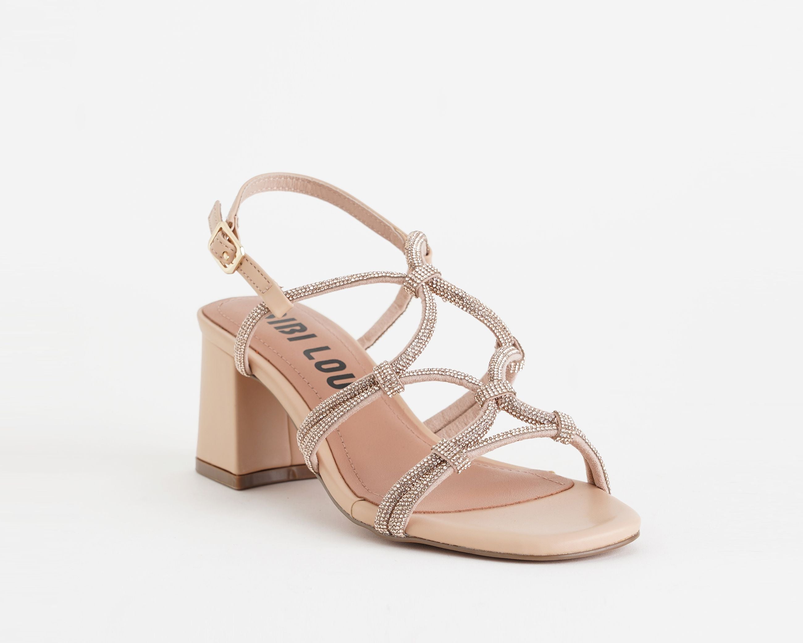 Sandalo con tacco Bibi Lou Quail 958Z00HG nude da donna, tomaia in tessuto con strass e similpelle