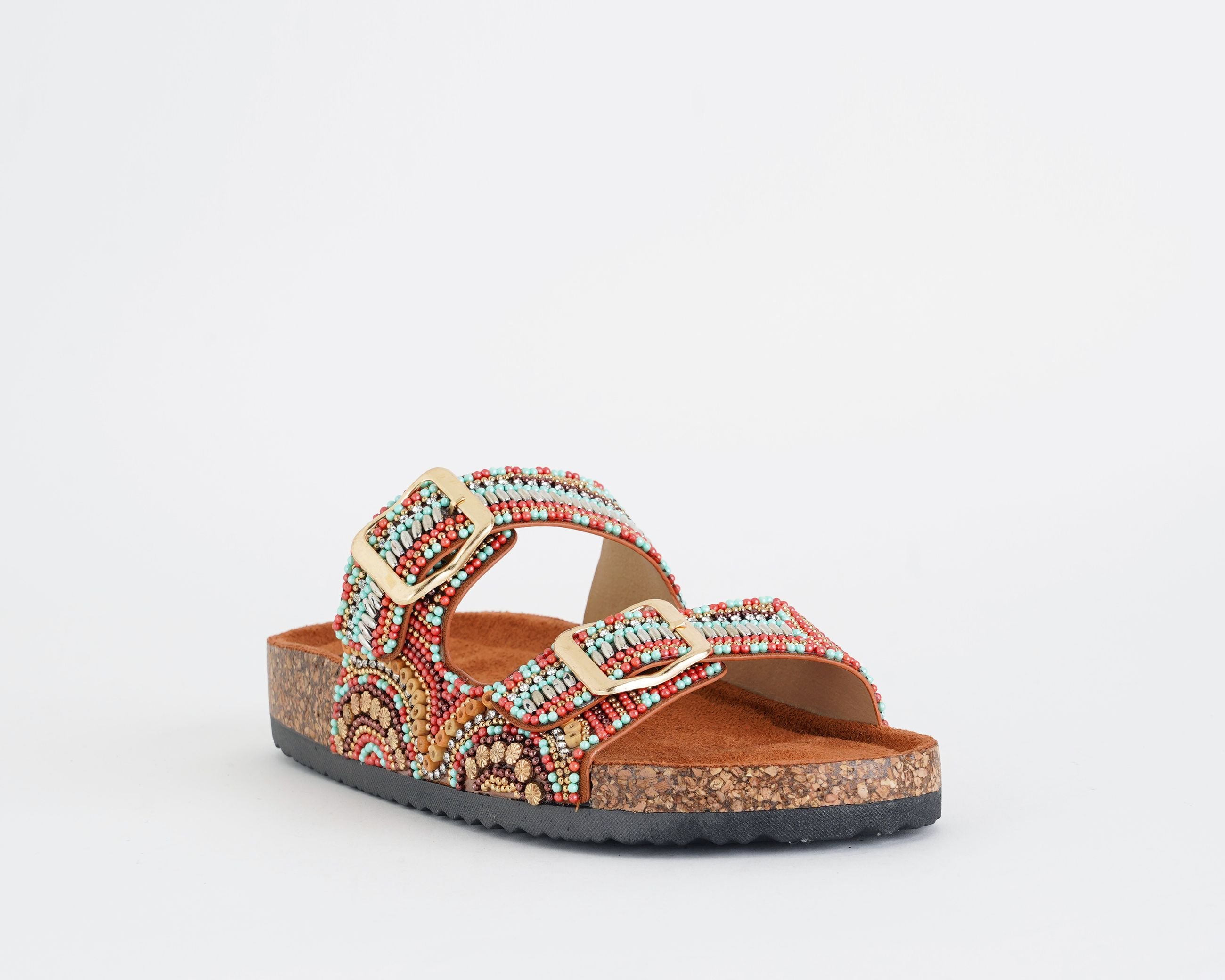 Sandalo basso donna EXE 230750-2 Tan Turchese con fibbie decorate da perline e strass
