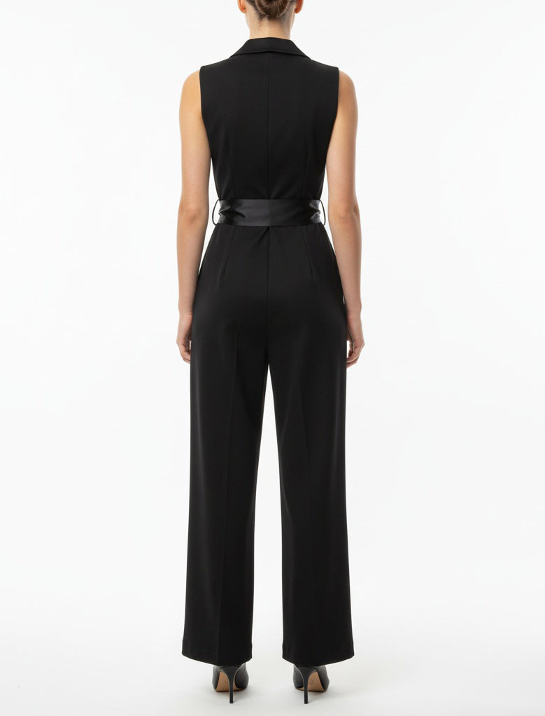 Tuta intera Vicolo TAB0260 donna nera con colletto e cintura in raso