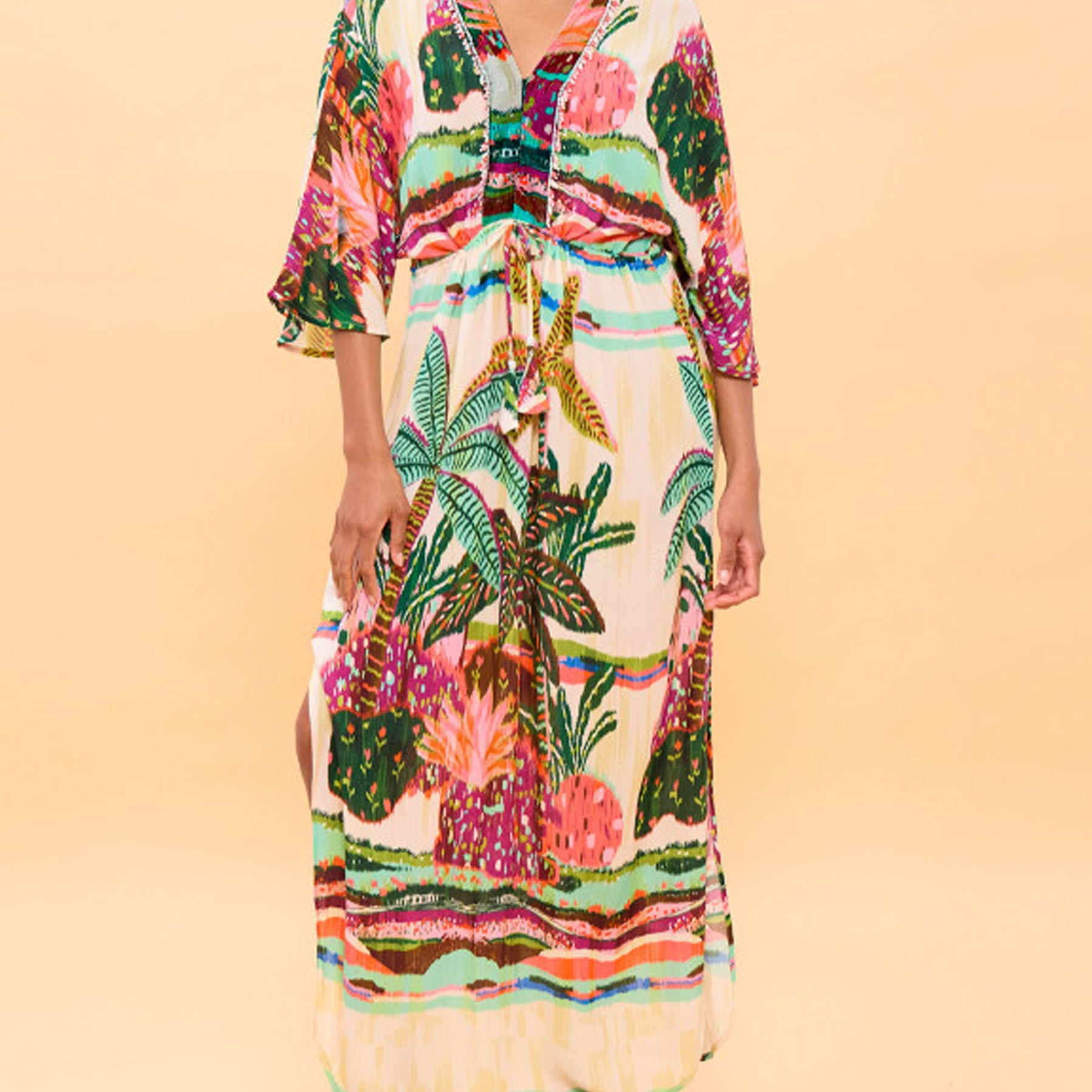 Abito lungo maniche ampie stampa palme Lola Casademunt LS2616024 Ecru-Multicolor
