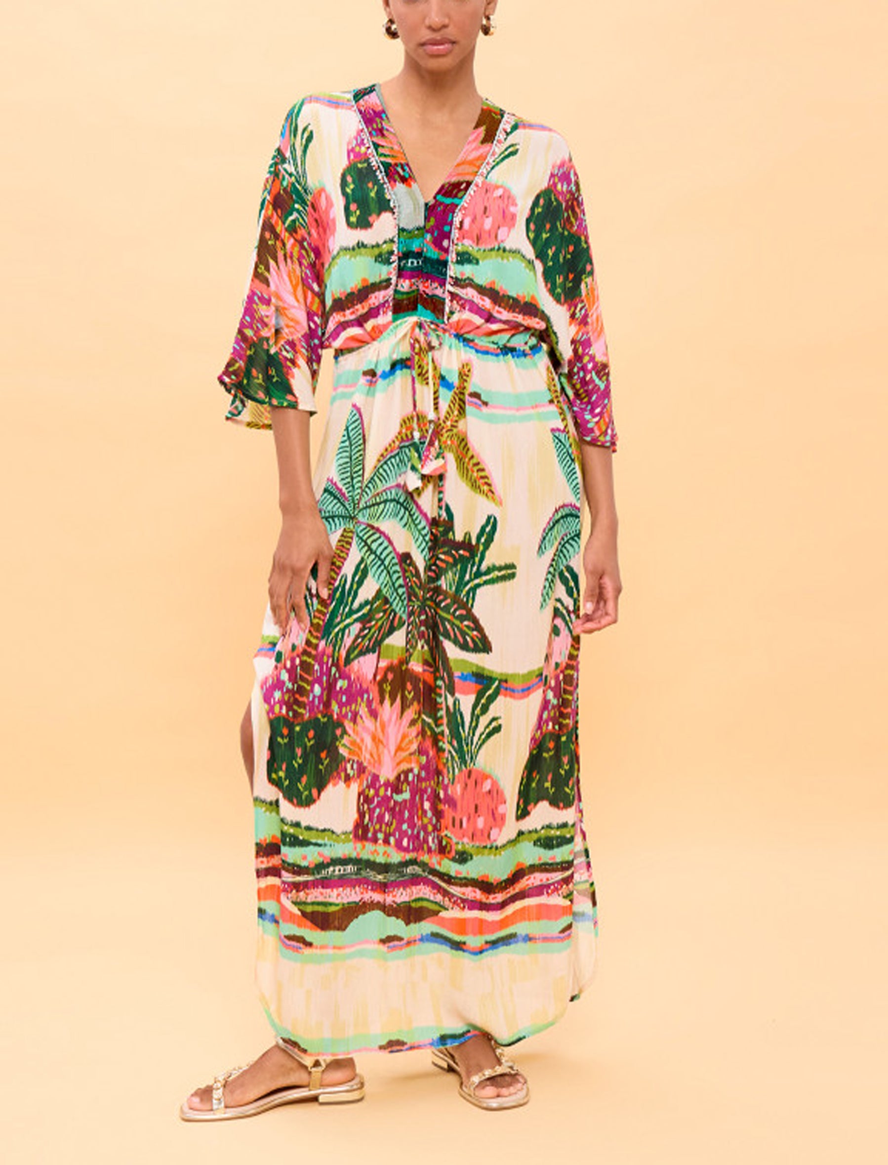 Abito lungo maniche ampie stampa palme Lola Casademunt LS2616024 Ecru-Multicolor