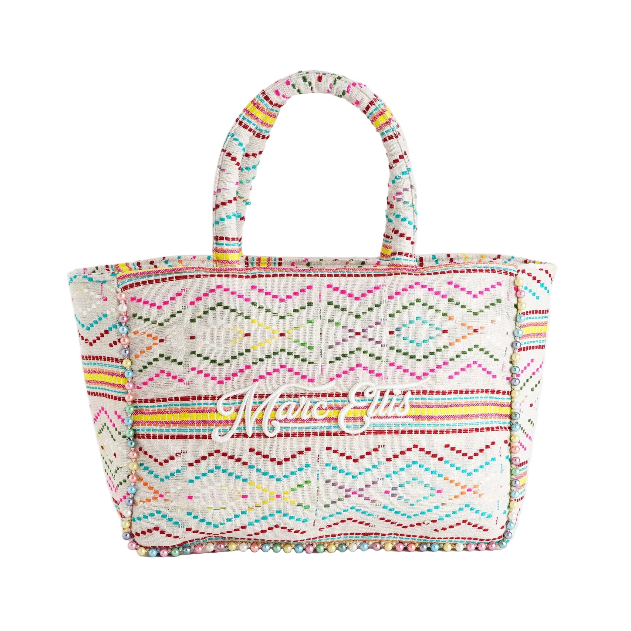 Borsa a spalla Marc Ellis Buby M Indy 26 Variant 08 – vista frontale, trama in cotone intrecciato con perline multicolore e scritta logata ricamata