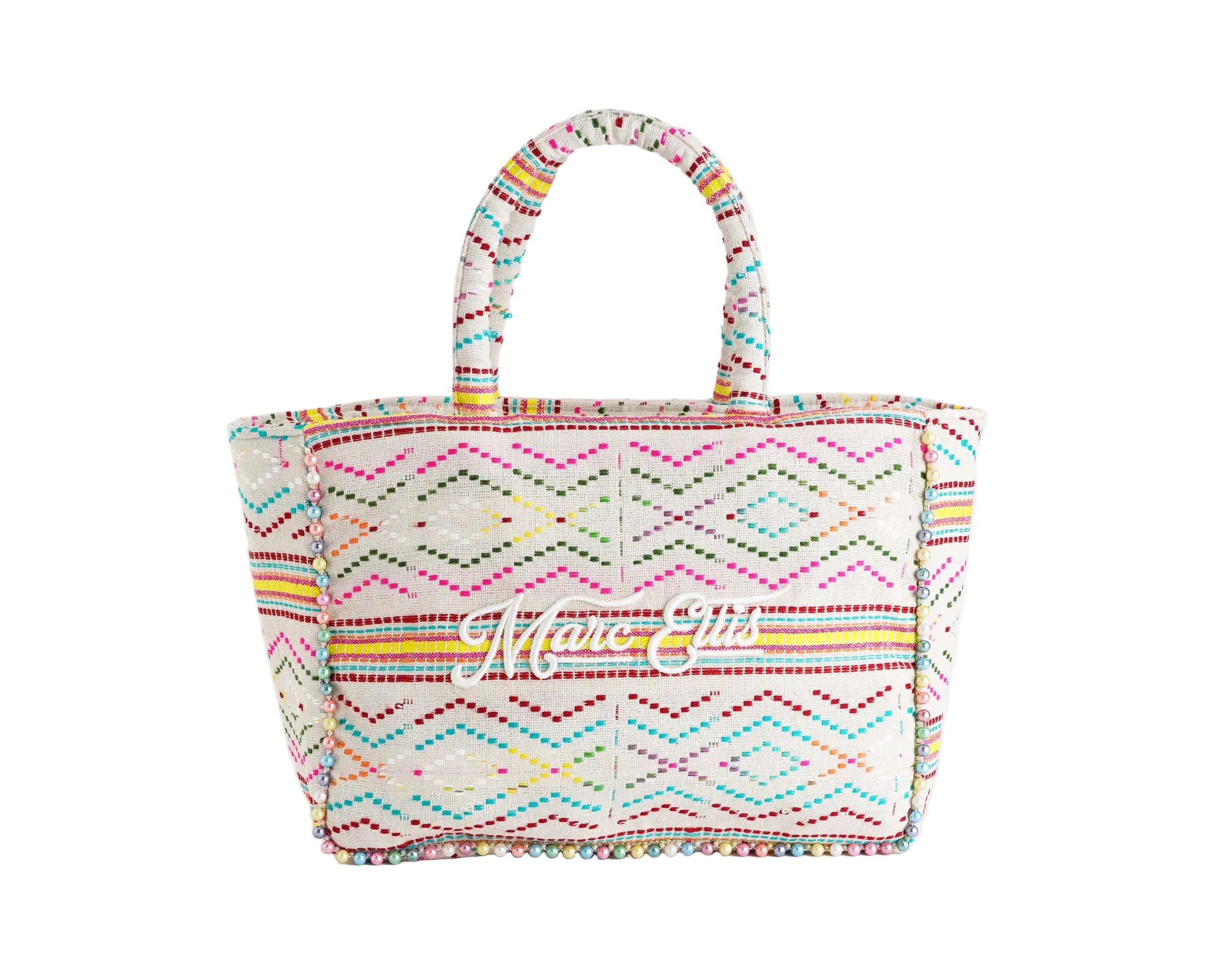 Borsa a spalla Marc Ellis Buby M Indy 26 Variant 08 – vista frontale, trama in cotone intrecciato con perline multicolore e scritta logata ricamata