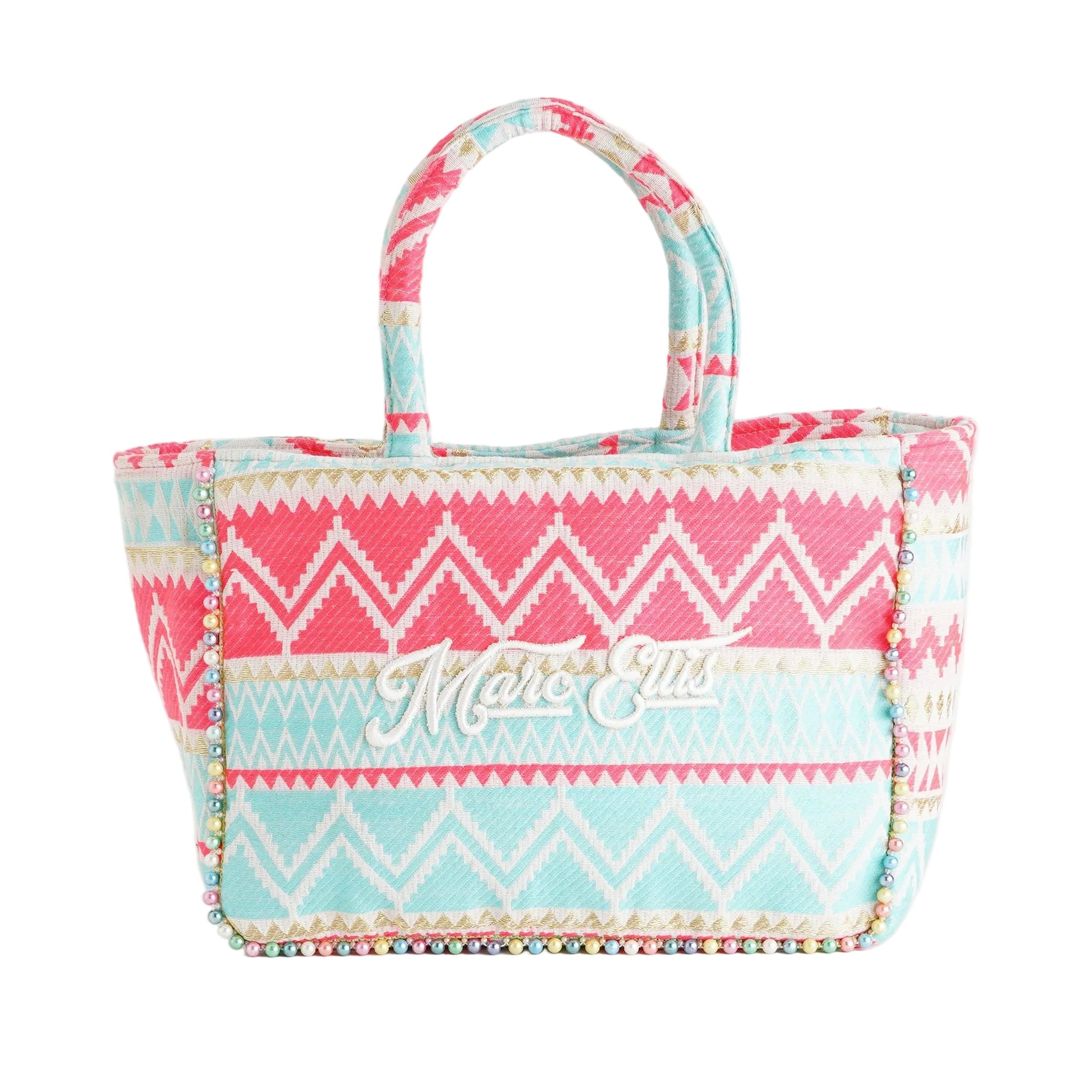 Borsa a spalla Marc Ellis Buby M Indy 26 Variant 03 – vista frontale, trama in cotone intrecciato con perline multicolore e scritta logata ricamata