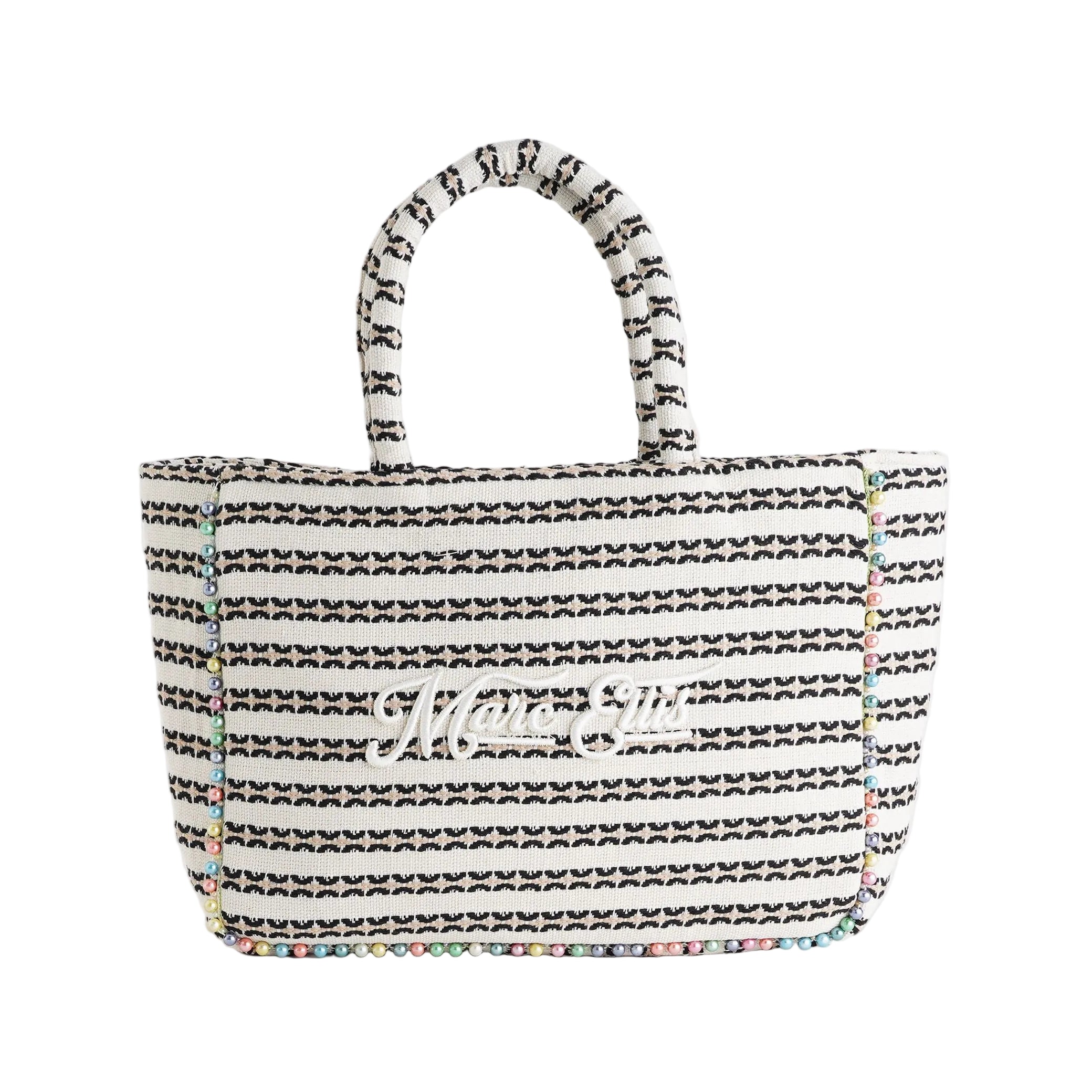 Borsa a mano Marc Ellis Buby S Indy 26 Donna Variant 01 – vista frontale, trama in cotone intrecciato con perline multicolore e scritta logata ricamata